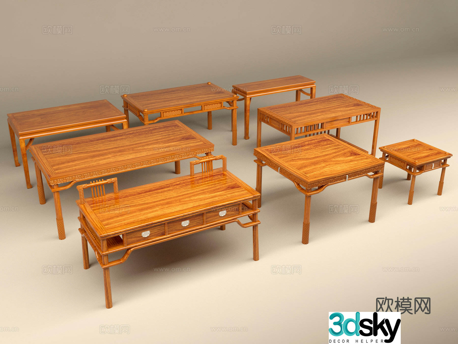 Table Wooden Table Carving Cloud Pattern 3d Model