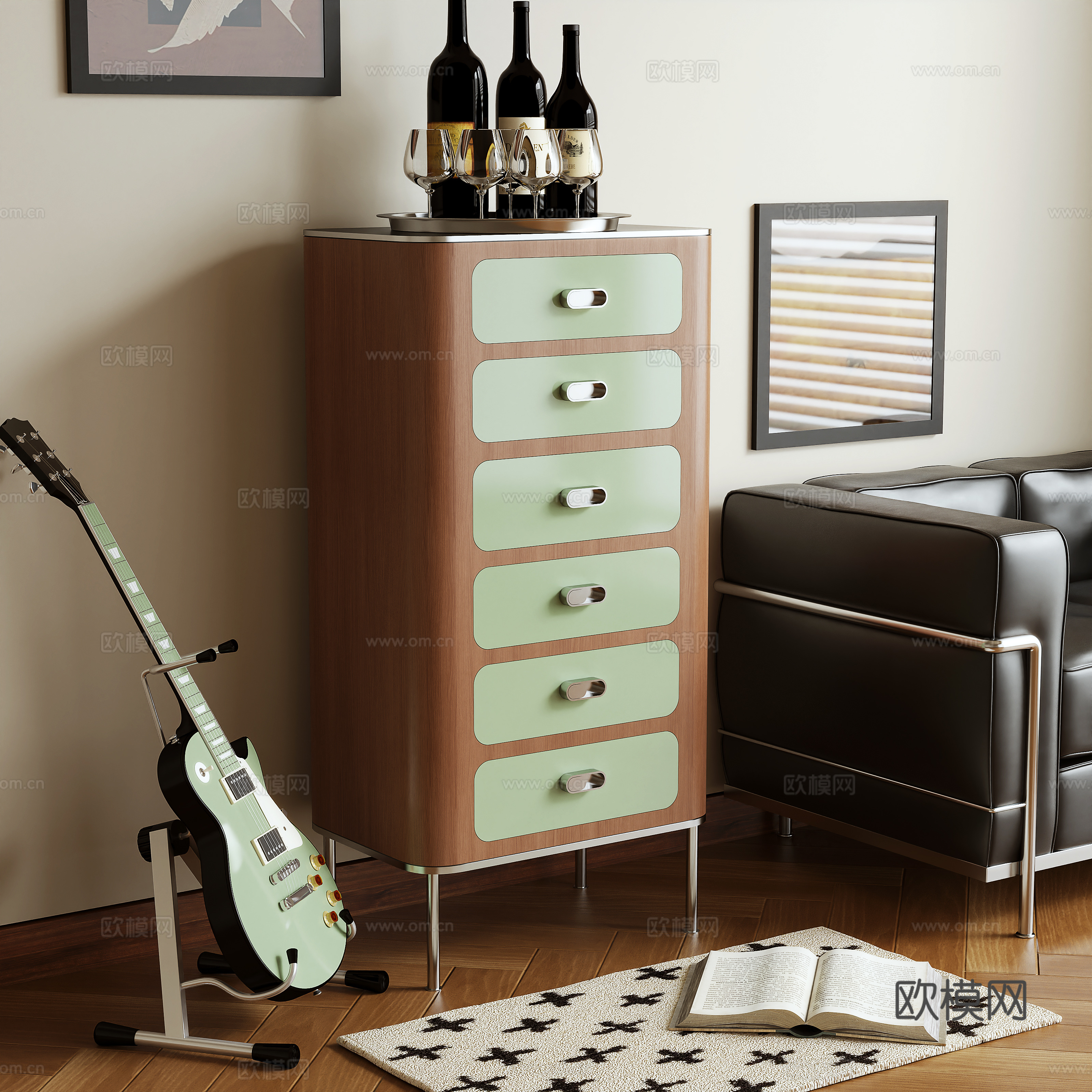 Middle-aged style chest of drawers side cabinet side cabinet 3d model