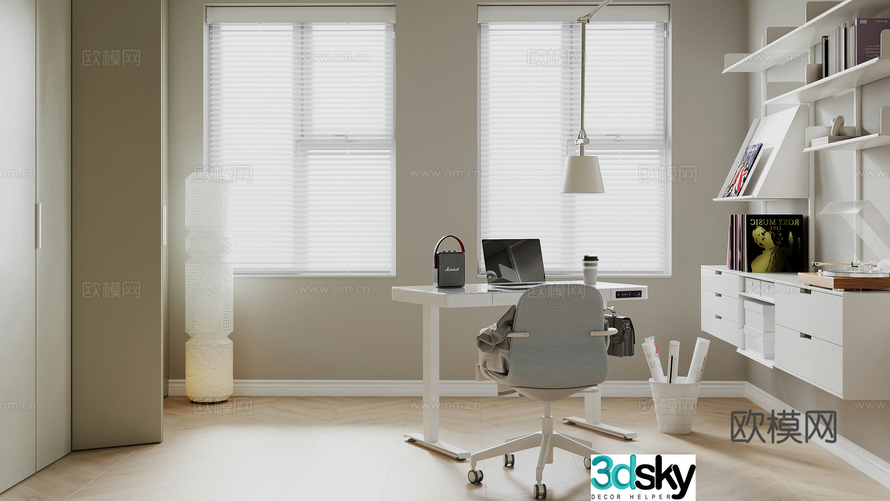 Study room electric lifting desk office chair open bookcase 3d model