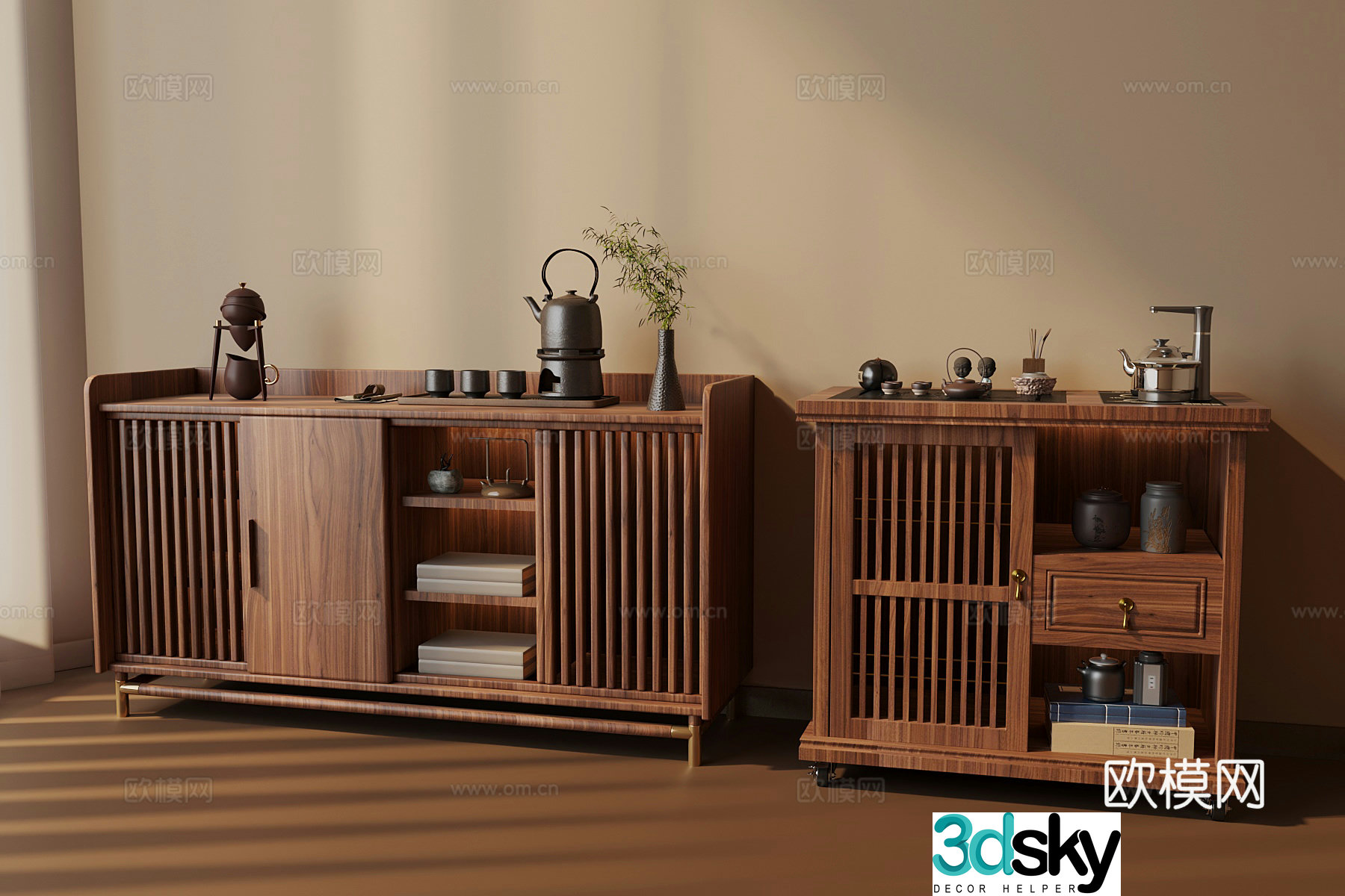 New Chinese style tea cabinet tea set teapot 3d model