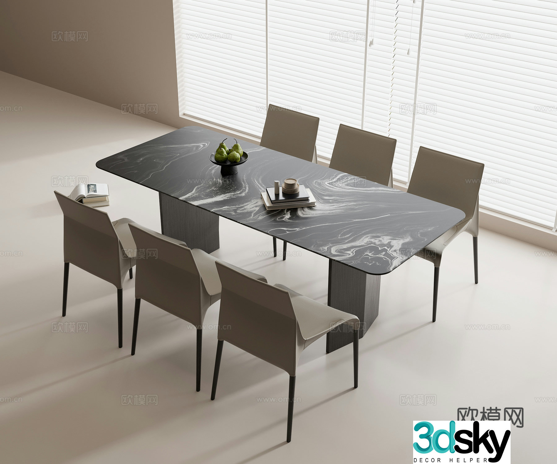 Modern dining table and chair combination marble dining table leather dining chair fruit fruit tray book 3d model