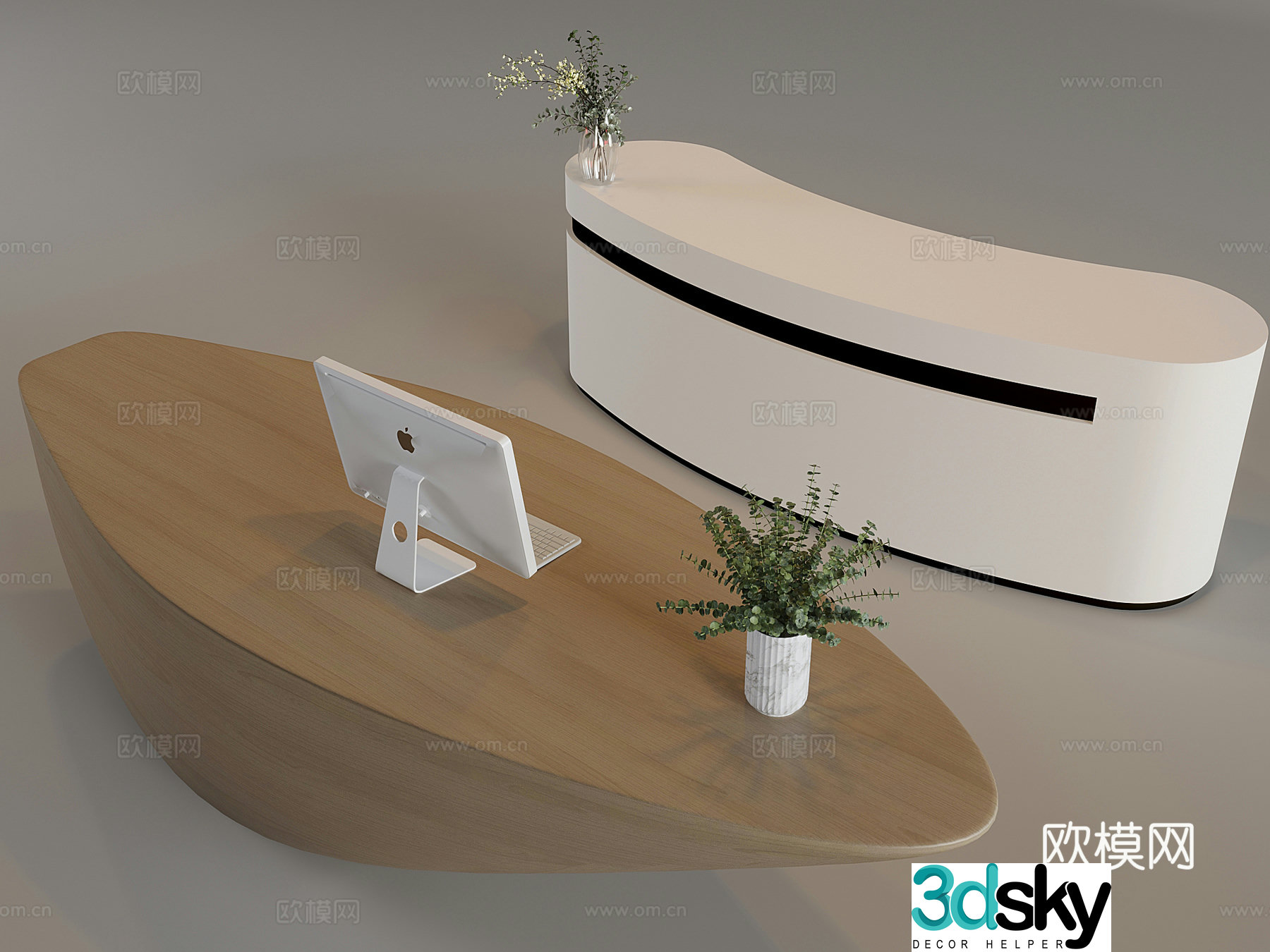 Nordic cream cashier bar reception desk front desk curved solid wood counter 3D model