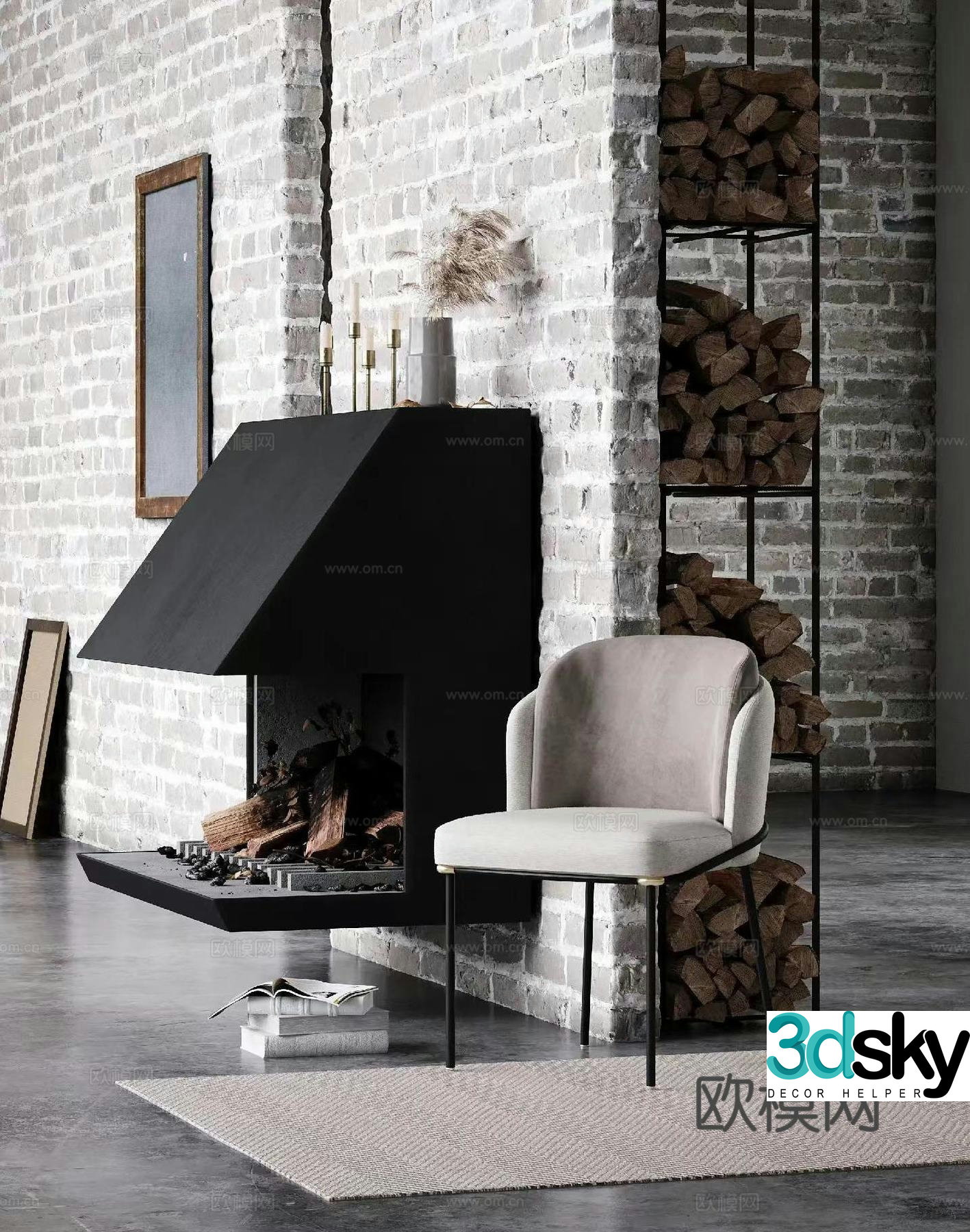 American style fireplace basement firewood room 3d model