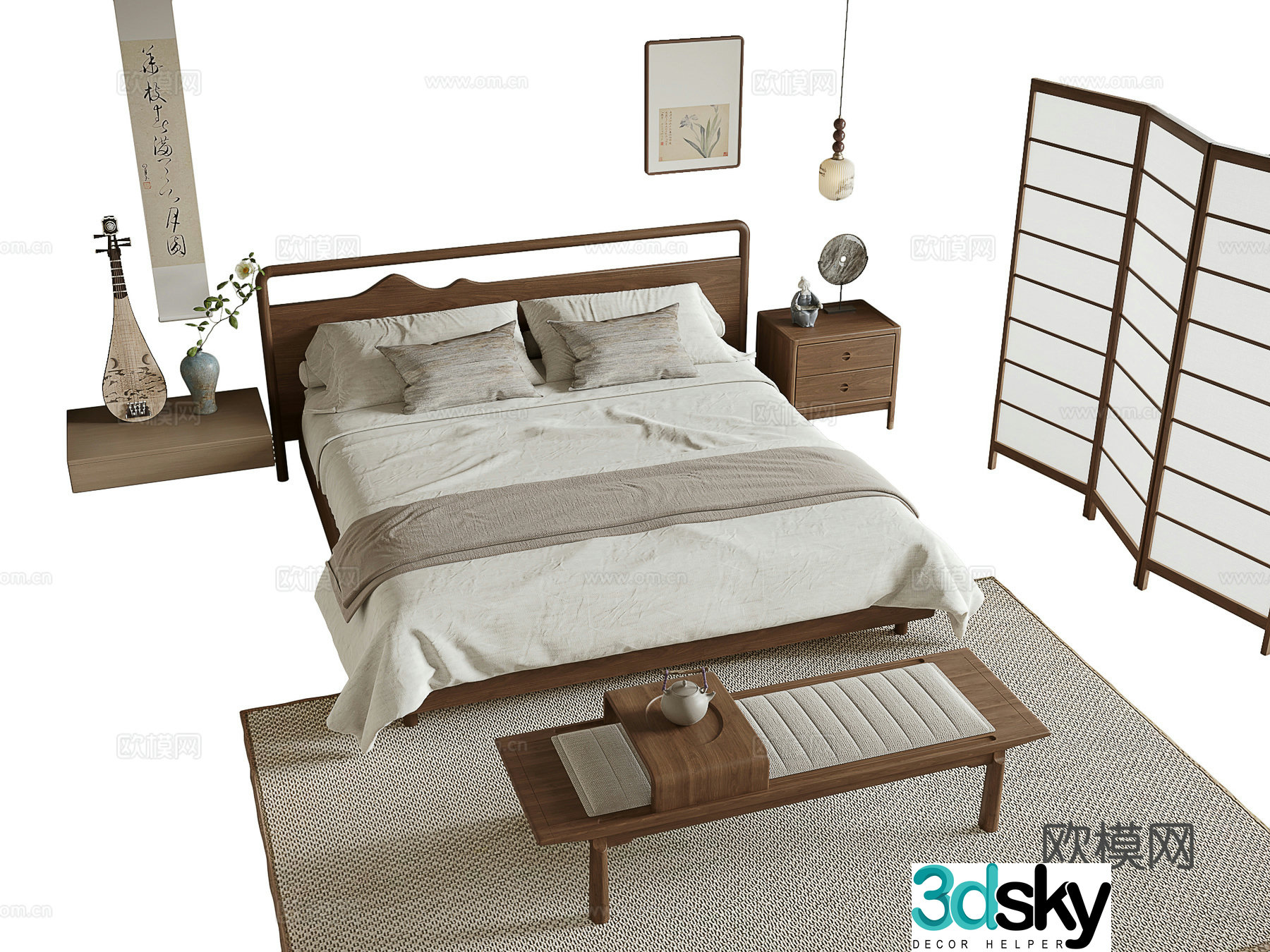 New Chinese style double bed 3D model