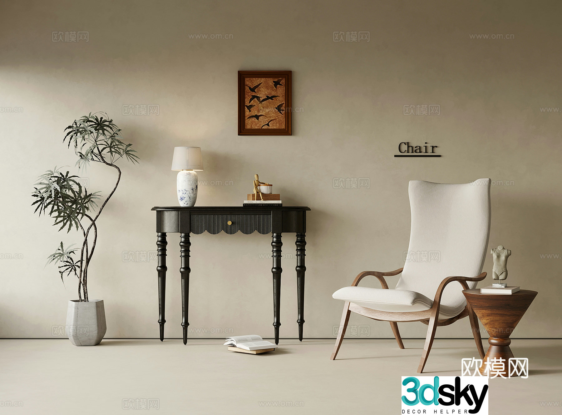 End view cabinet French retro style End view cabinet End view cabinet Leisure chair Side table Green plant 3D model
