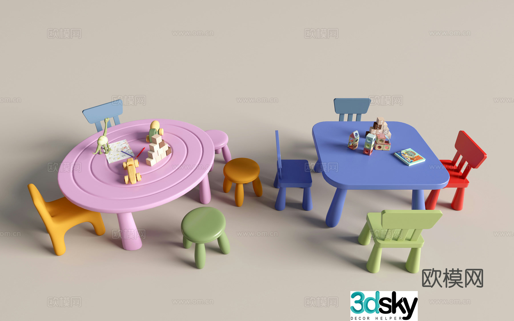 Modern kindergarten table and chairs kindergarten toys child seat combination children’s handmade table cartoon table 3d model
