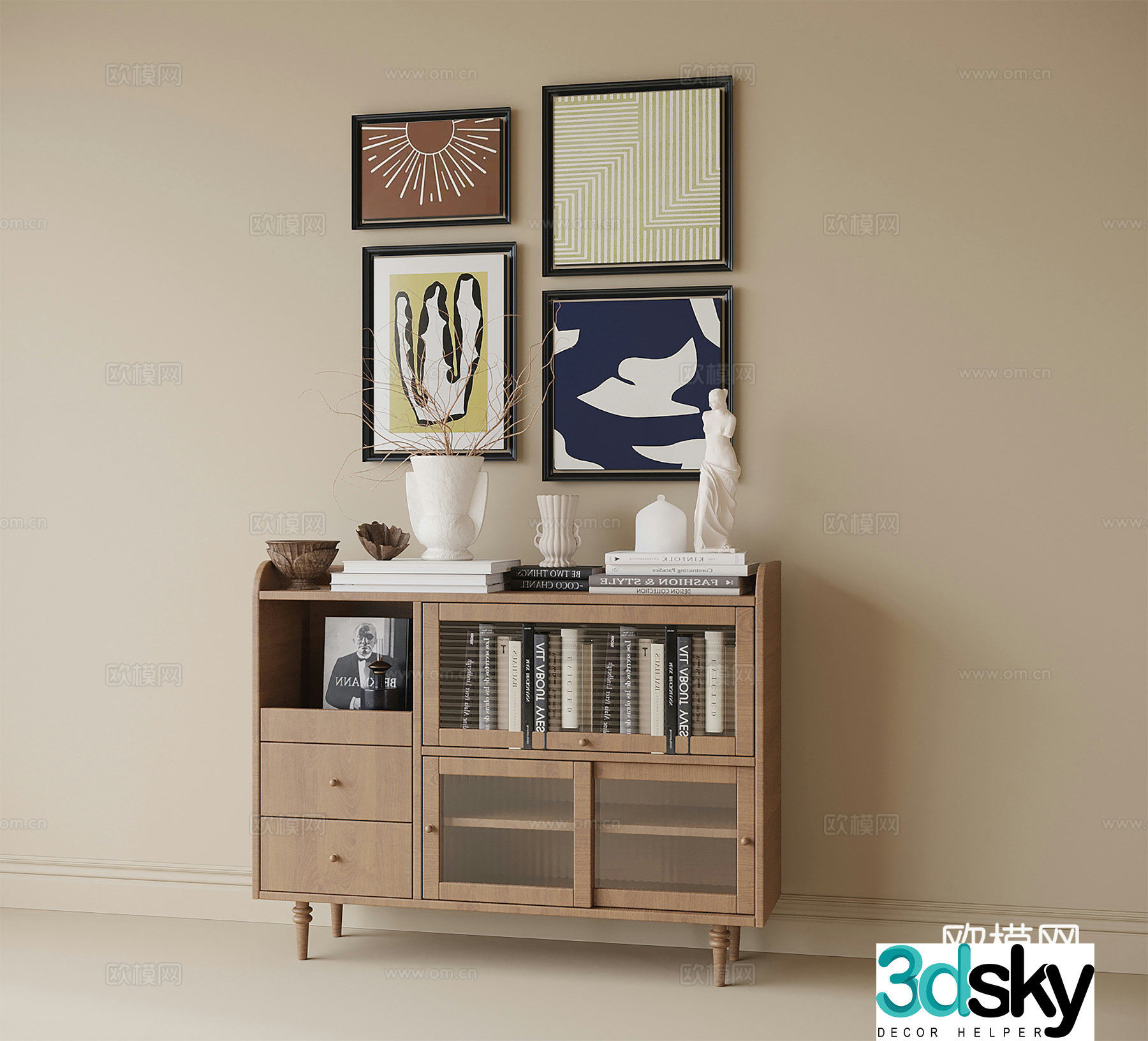 Modern side cabinet decorative cabinet hanging painting 3D model