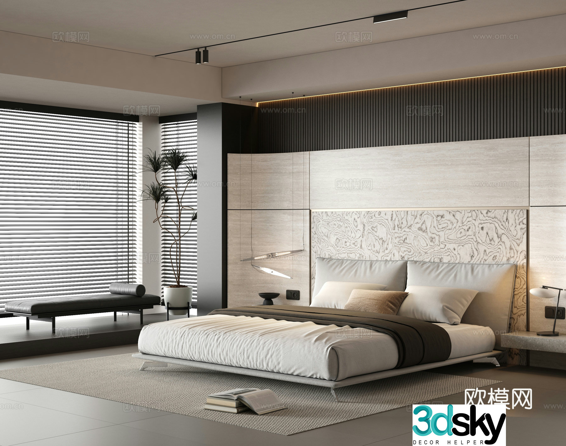 Italian simple master bedroom bay window bedroom black and white and gray bedroom 3D model