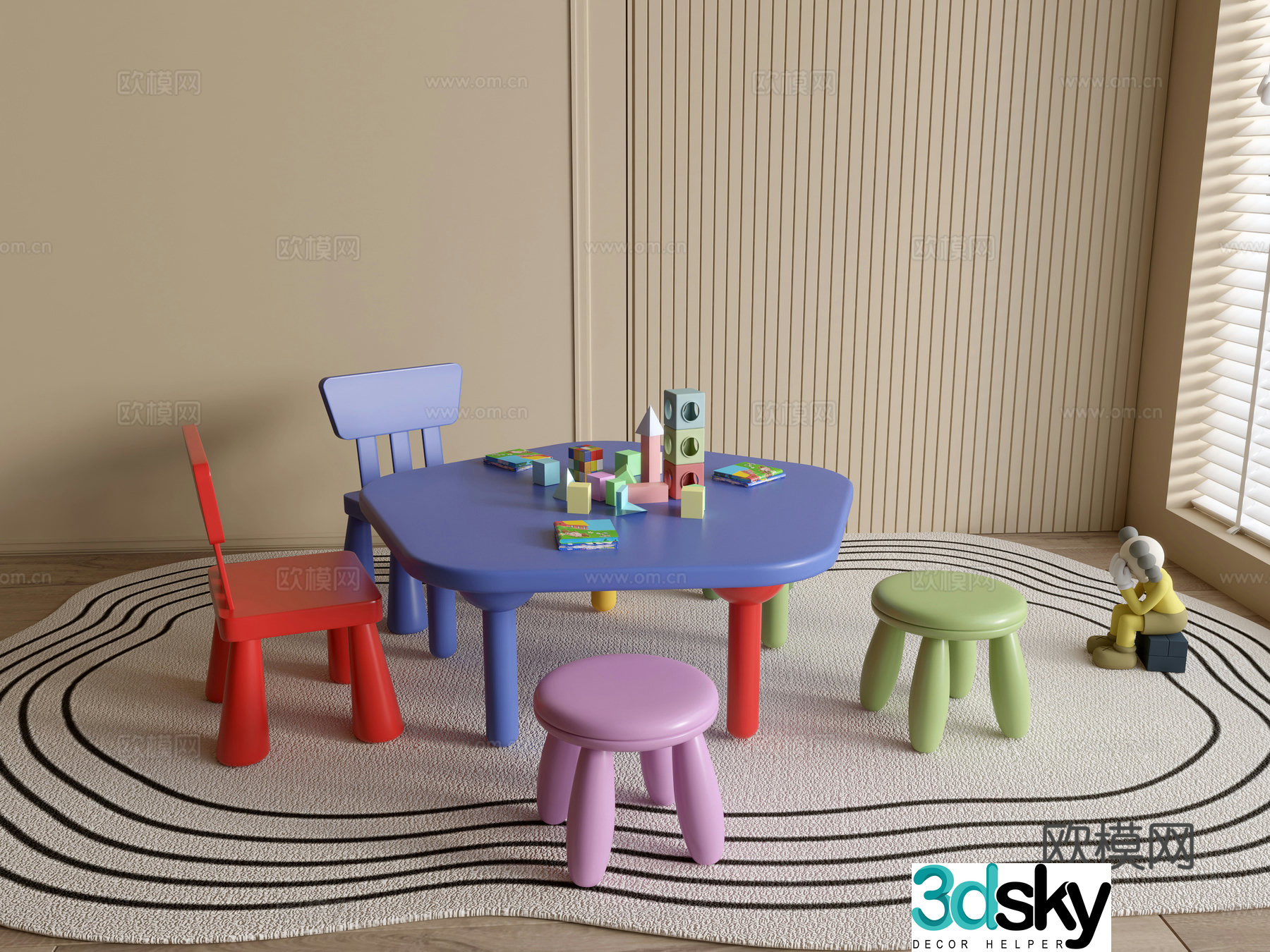 Modern kindergarten table and chairs kindergarten toys child seat combination children’s handmade table cartoon table 3d model