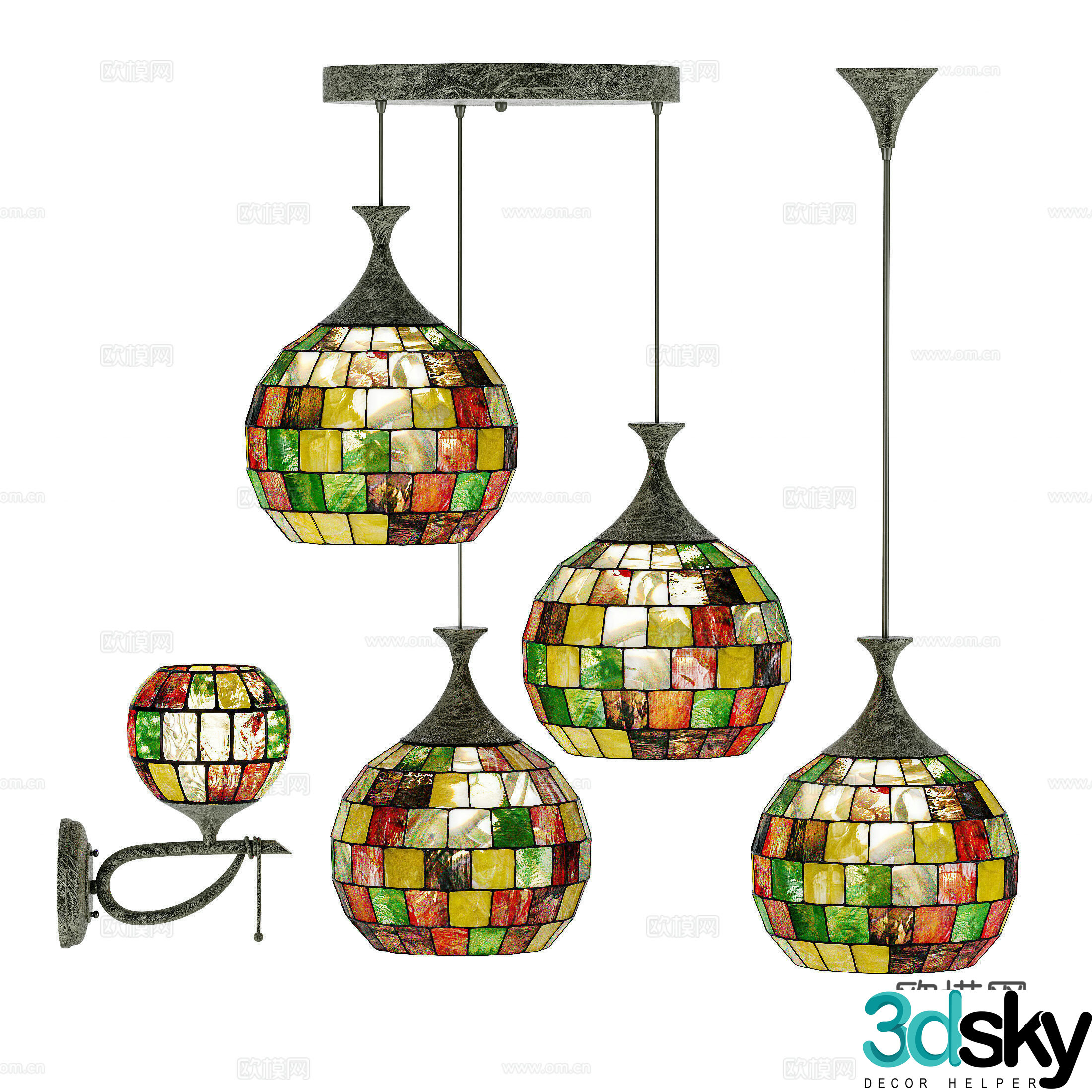 American retro colored shell glass chandelier 3d model