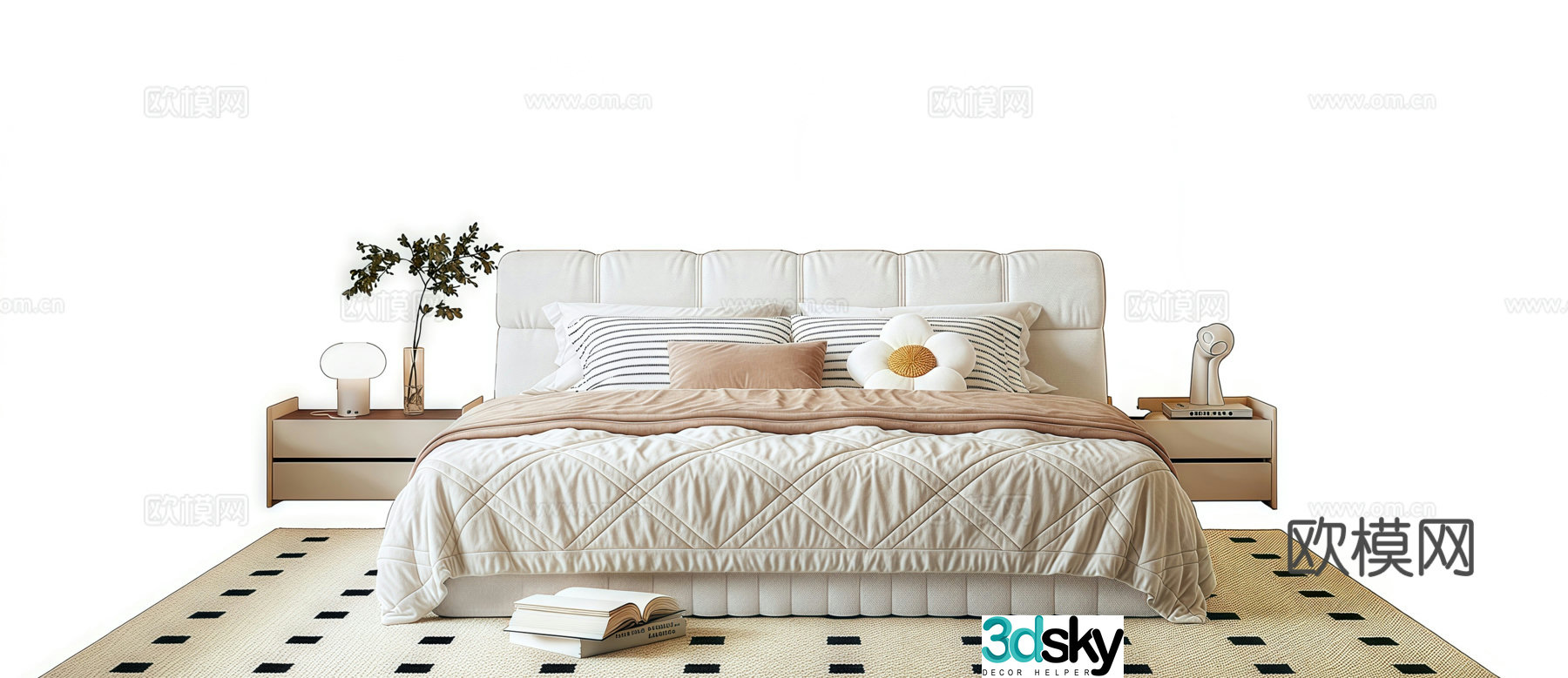 Modern double bed nightstand fabric double bed 3d model