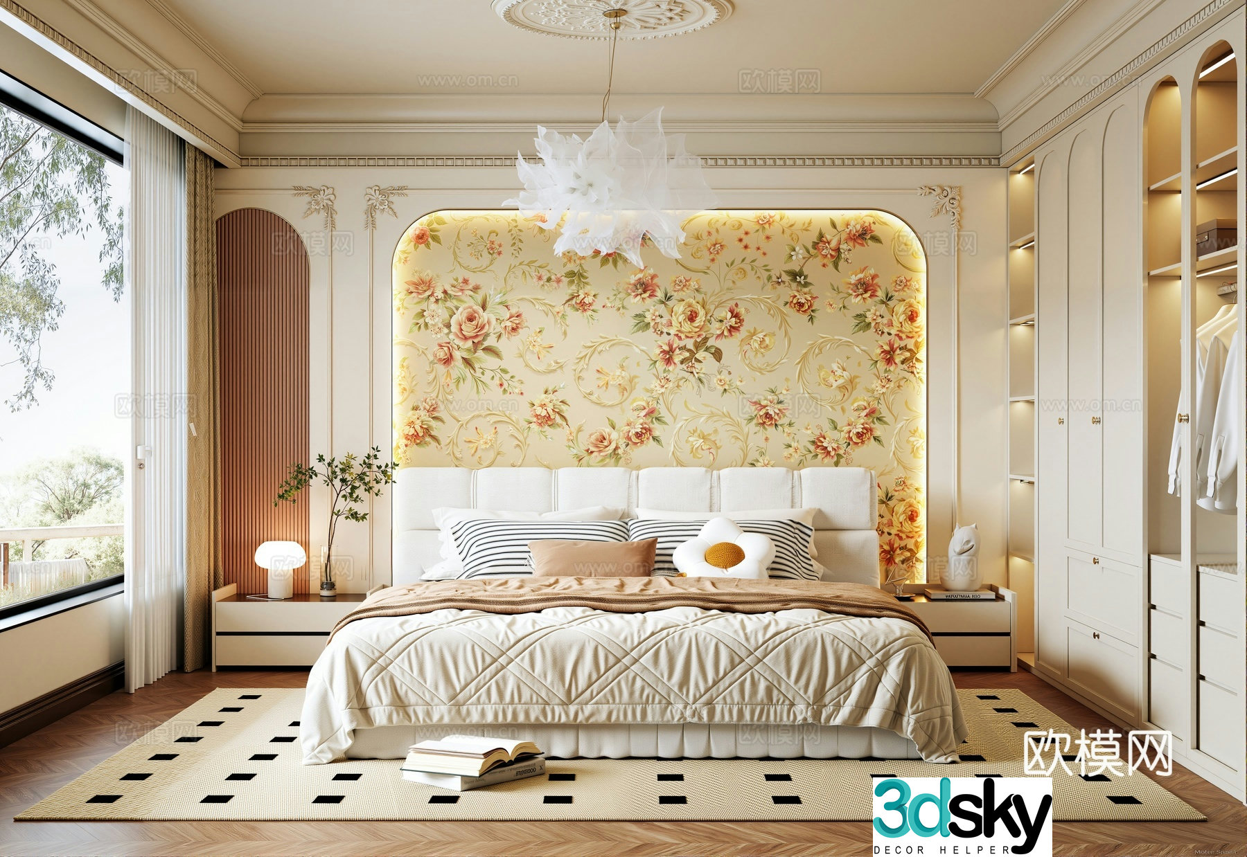 French creamy bedroom bedside background wall chandeliers wardrobe double bed bedside table 3d model