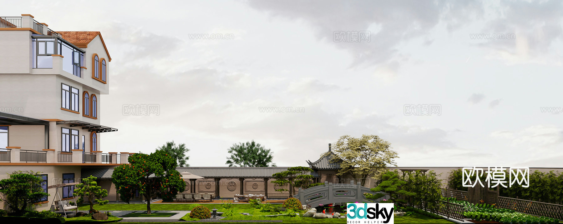 New Chinese style courtyard Villa courtyard landscape Fish pond water view New Chinese style corridor 3D model