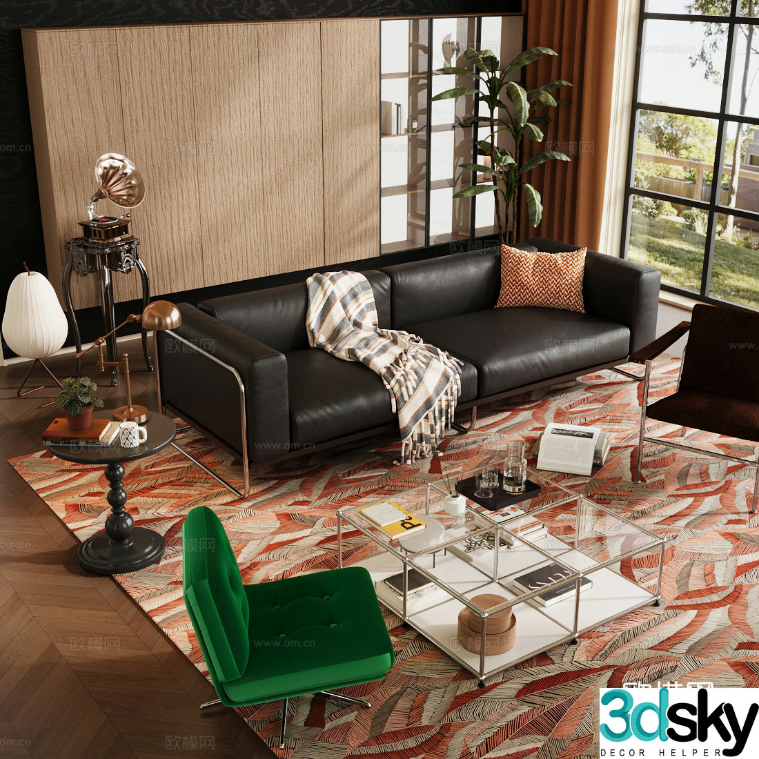 Medium-old home living room small living room solid wood bookcase acrylic coffee table 3D model