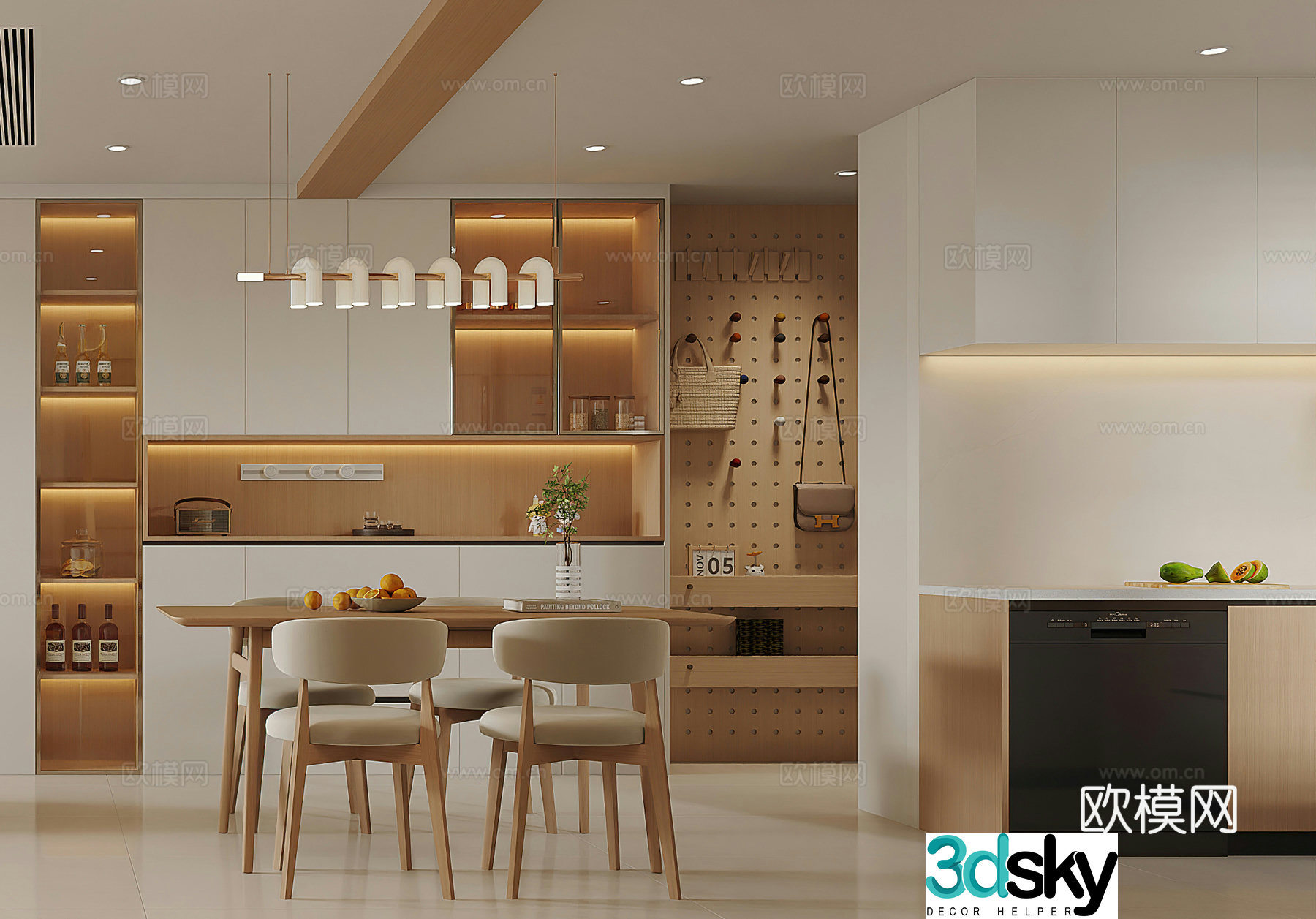 Log style restaurant dining table wine cabinet shoe cabinet kitchen modern restaurant cream style restaurant 3d model