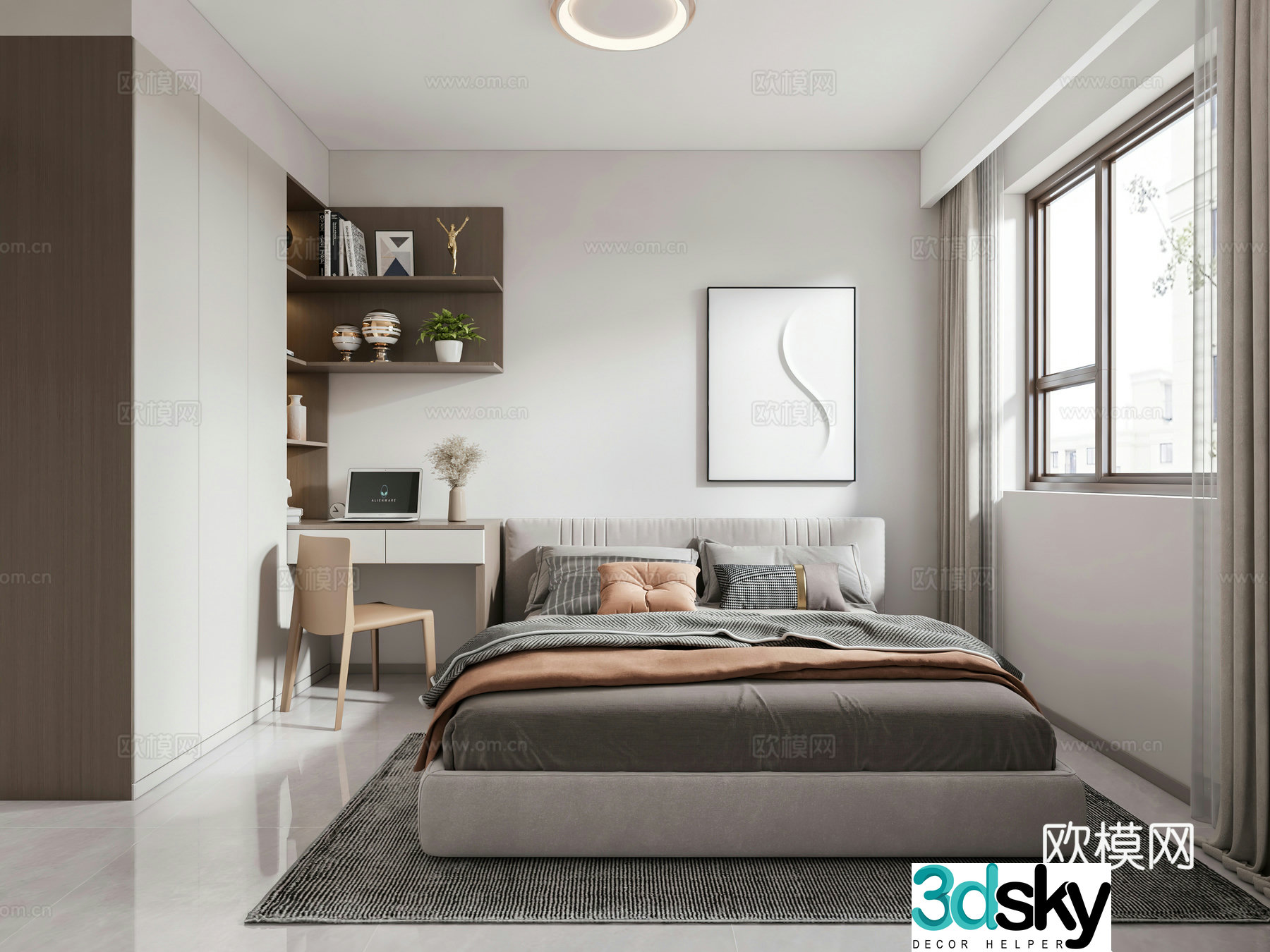 Modern bedroom desk bookcase 3d model