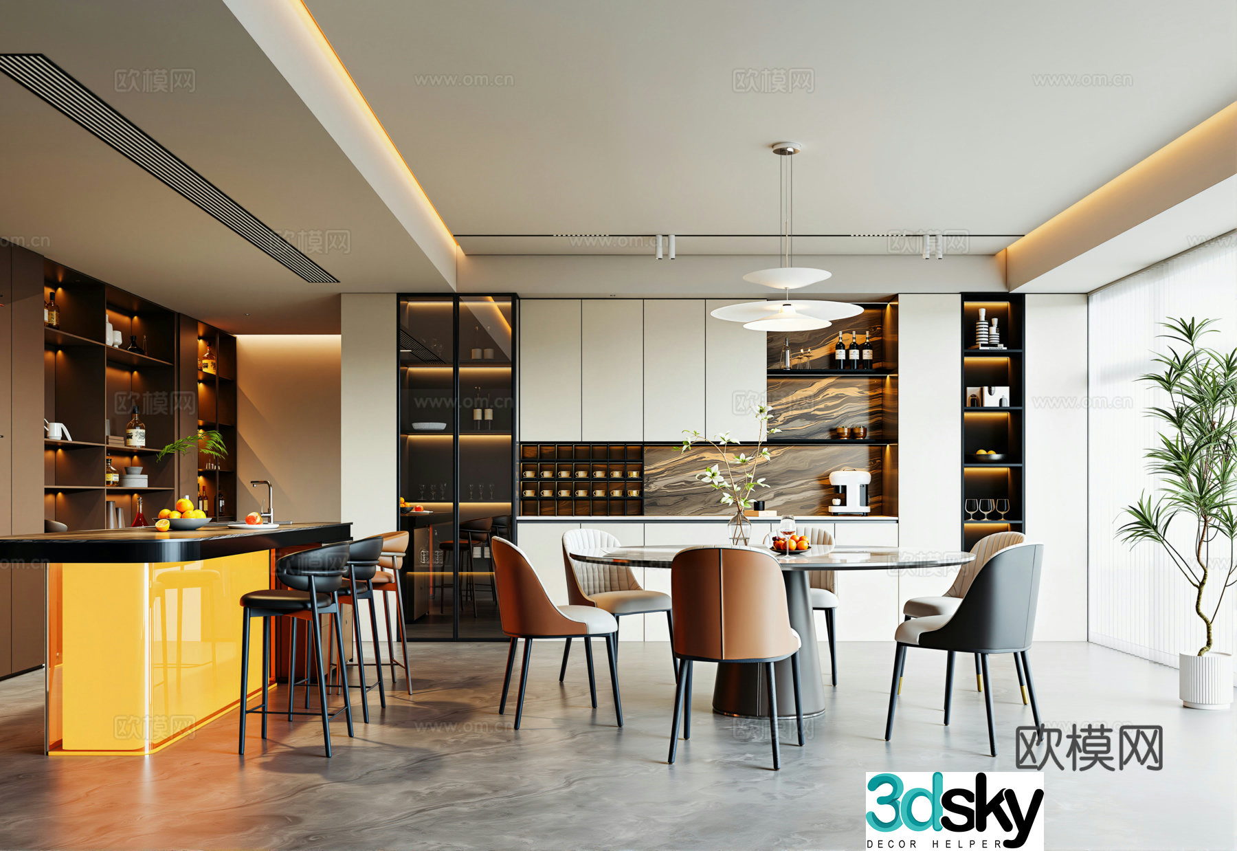 Modern Italian restaurant Round table dining table and chair sideboard wine cabinet island bar chair 3d model