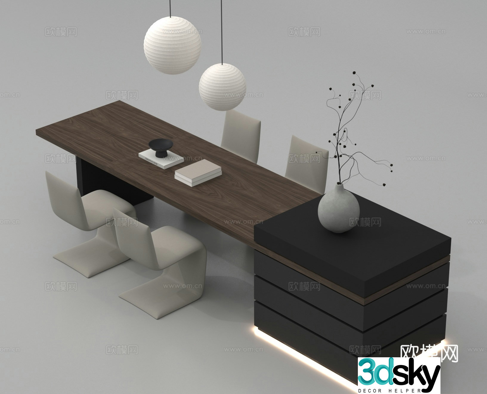 Middle Island Desk Bar Island Desk Dining Table and Chair Floral Vase 3D Model