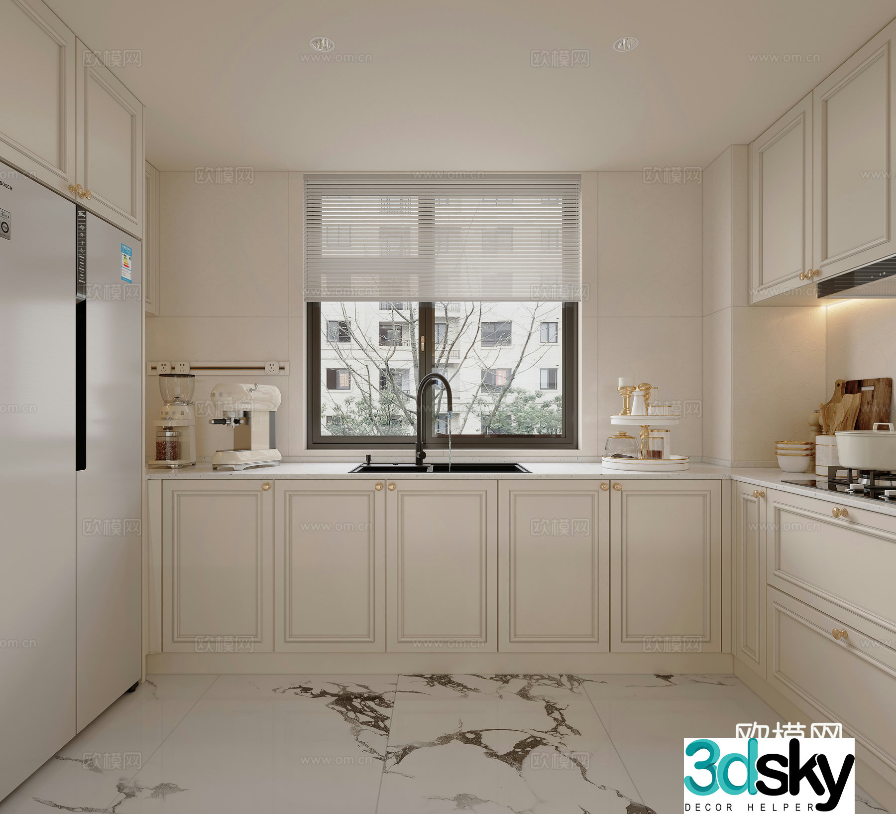 French kitchen American kitchen light luxury kitchen modern kitchen refrigerator cabinet creamy 3d model
