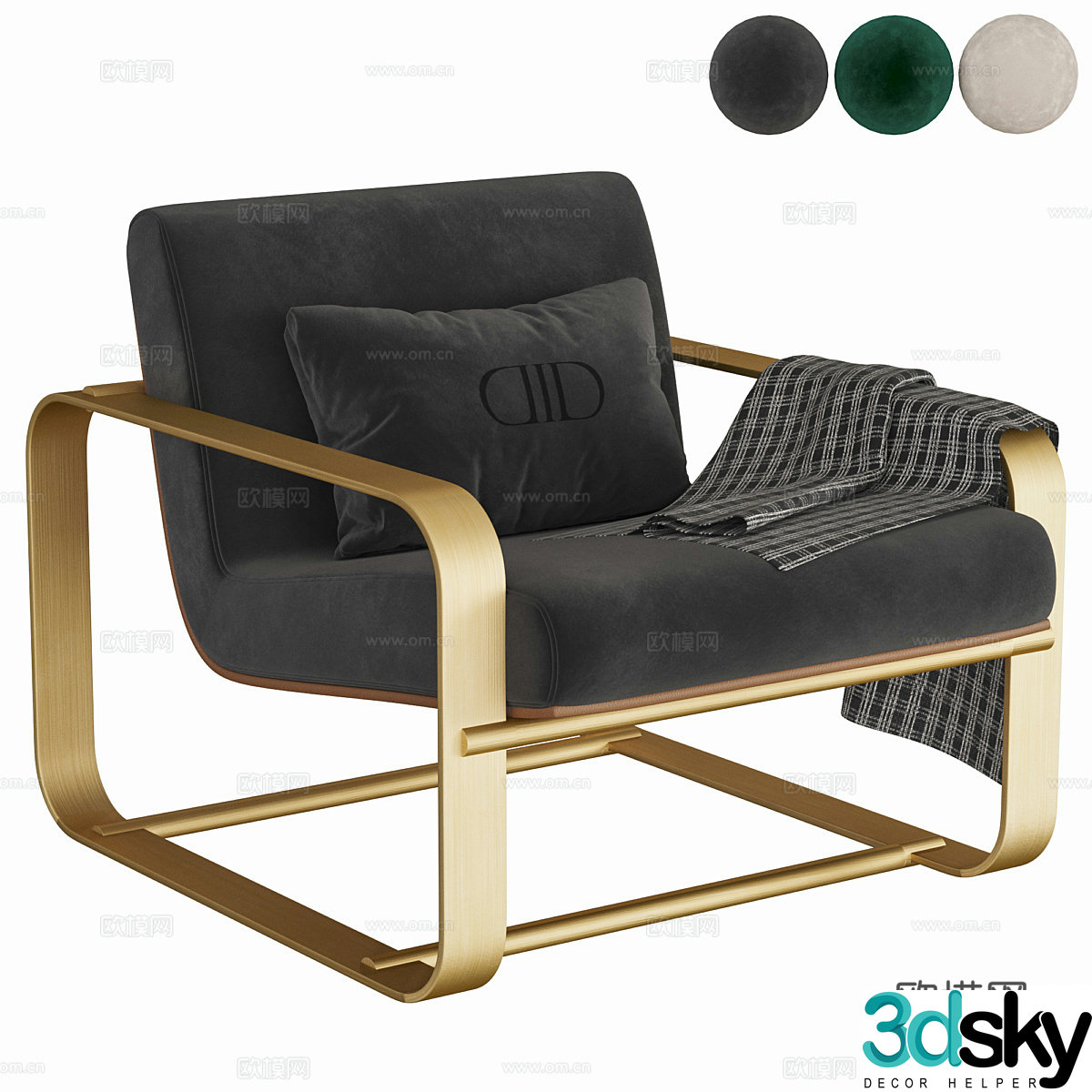 Modern light luxury fabric metal armchair 3d model