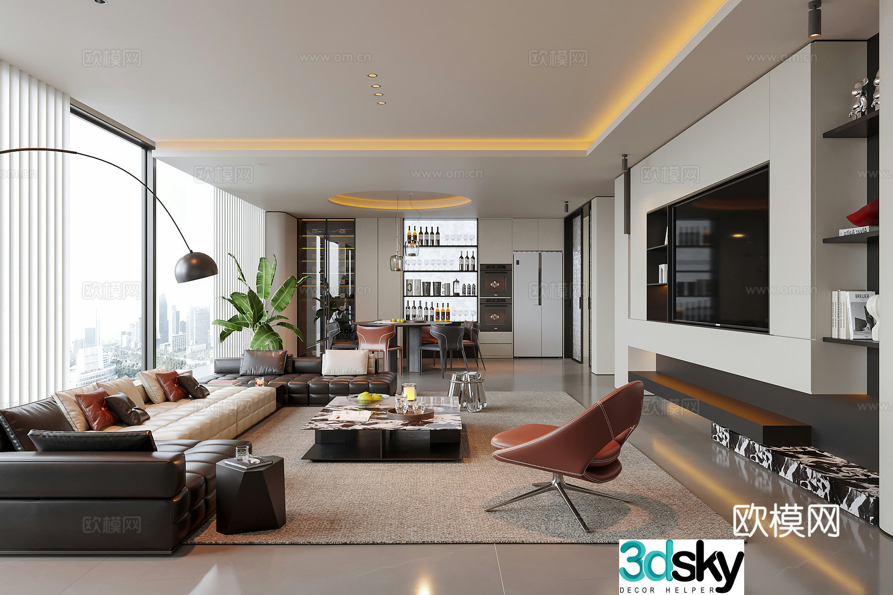 Modern living and dining room living room sofa coffee table multi-person sofa TV background wall 3D model