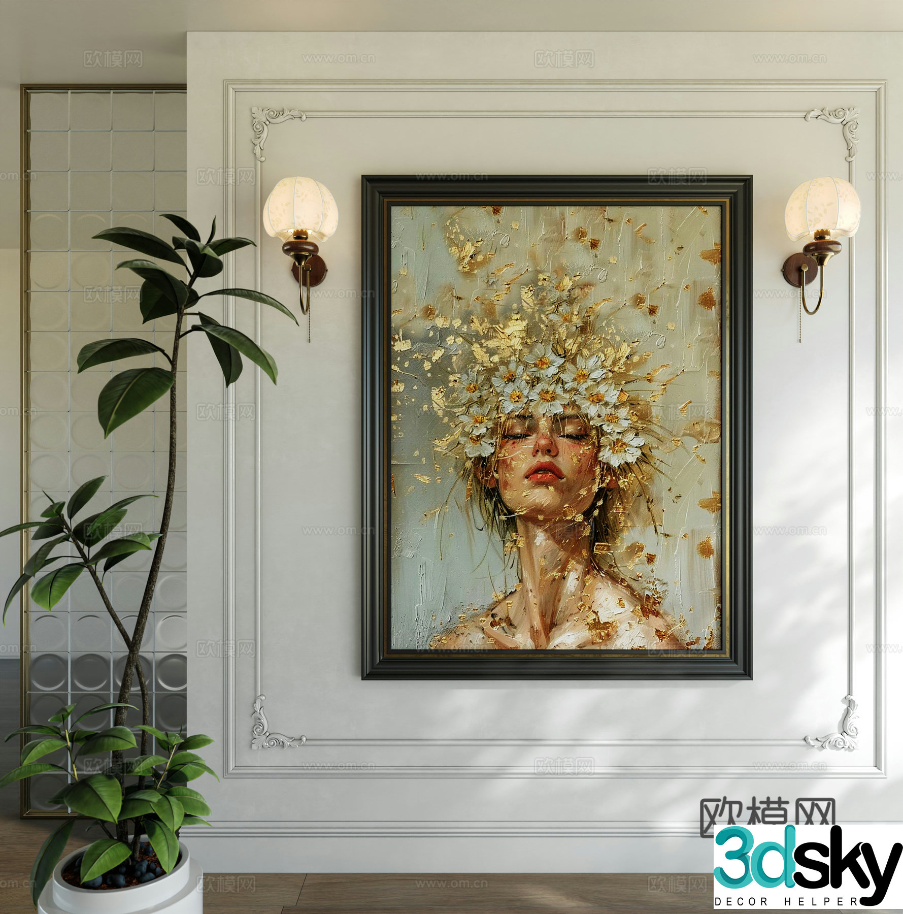 French porch figure painting French medieval style wall lamp French background wall texture master painting 3D model