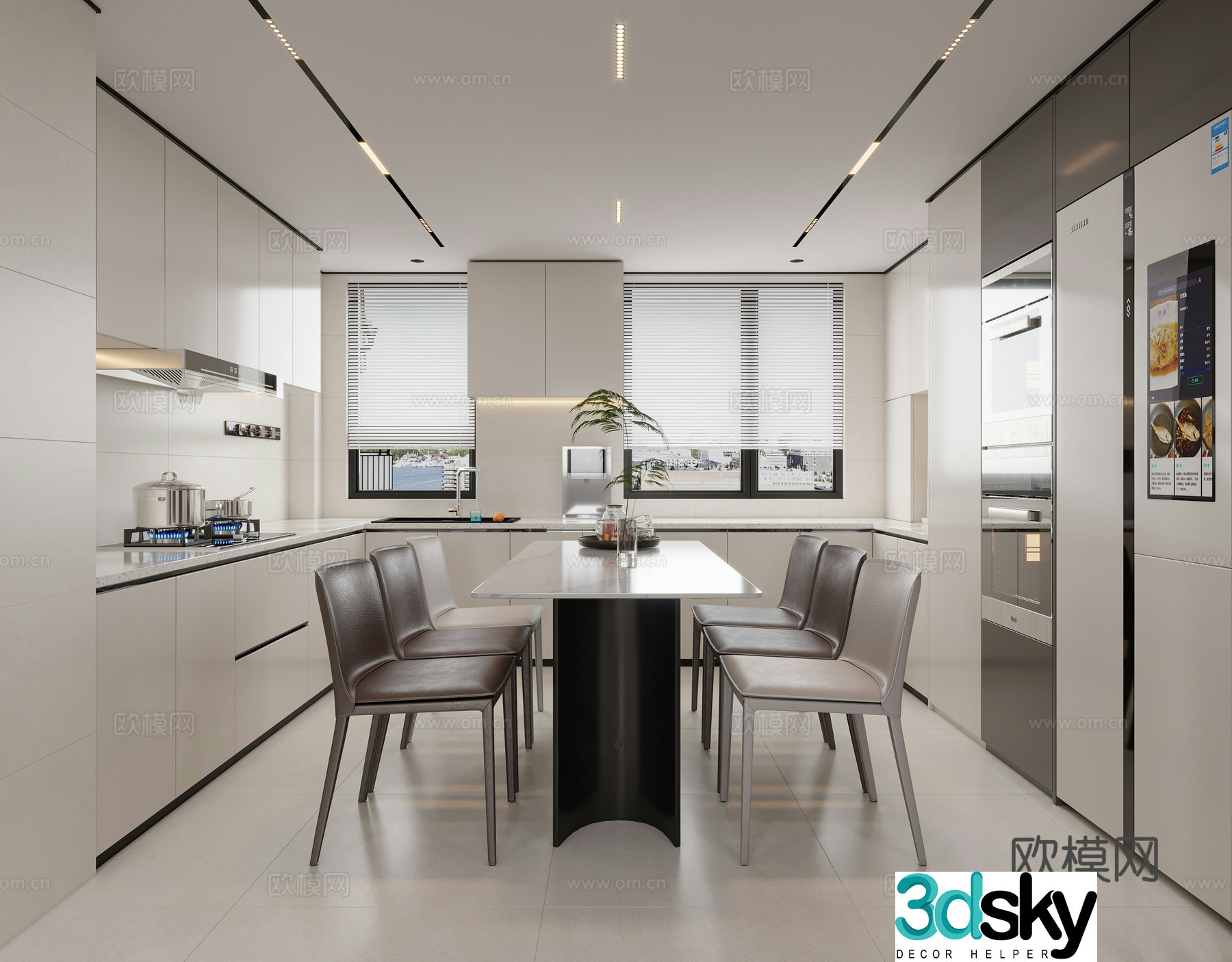 Modern minimalist open kitchen dining room 3d model