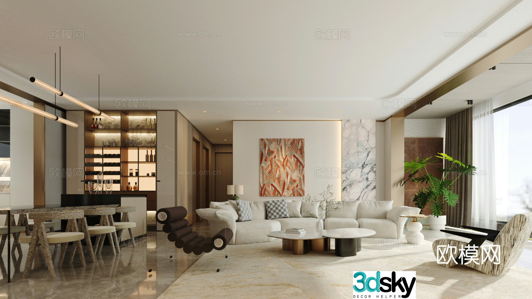 Modern light luxury living and dining integrated design Open dining room Large living room 3D model