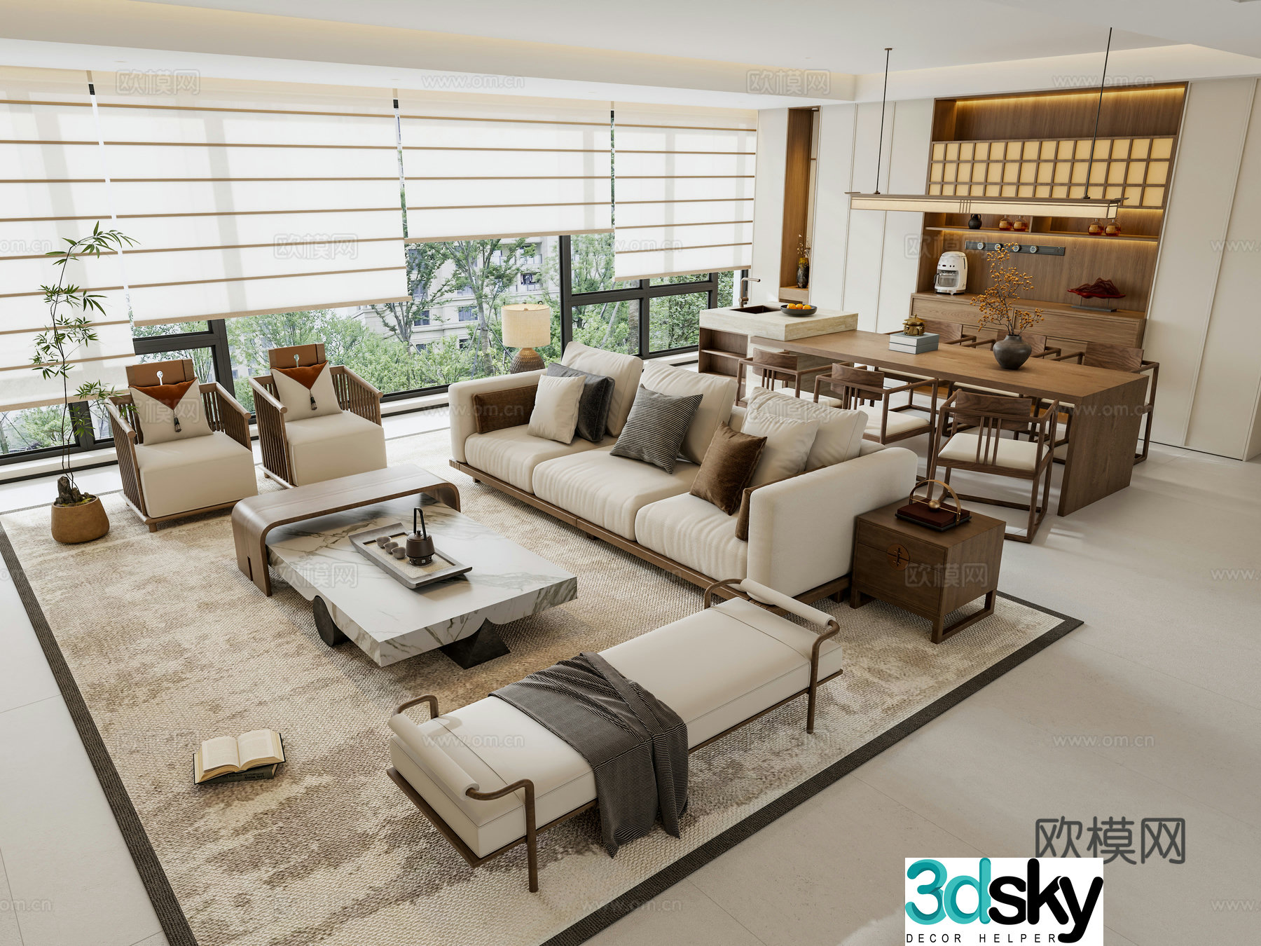 Zen New Chinese Style Living Restaurant Unowned Lights Overlooking the Hall Fabric Sofa Coffee Table Combination Island Dining Table 3D Model
