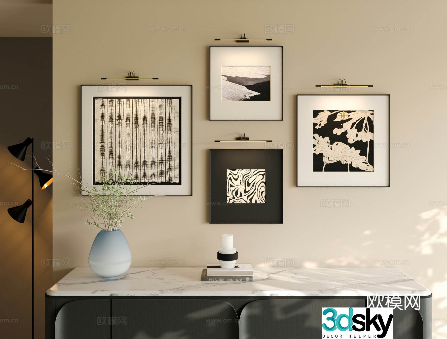 Italian abstract texture painting combination Modern black and white gray hanging painting combination Iron wall lamp hanging painting 3D model