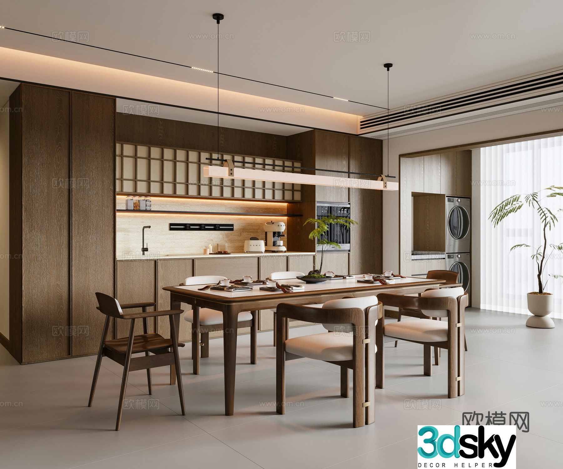 New Chinese Song style restaurant dining table and chair chandeliers sideboard wine cabinet 3D model