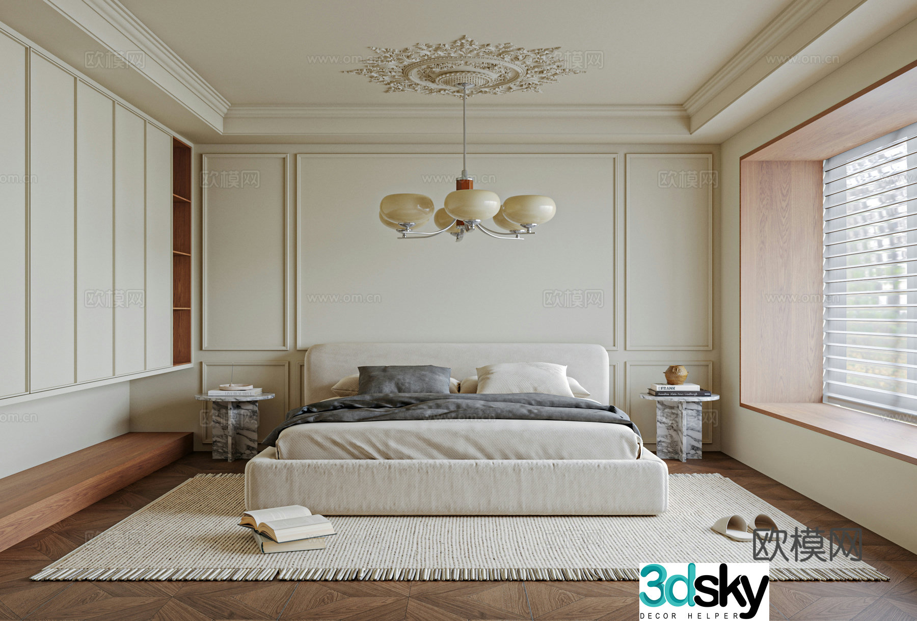 French bedroom bed nightstand accessories curtains carpet 3d model