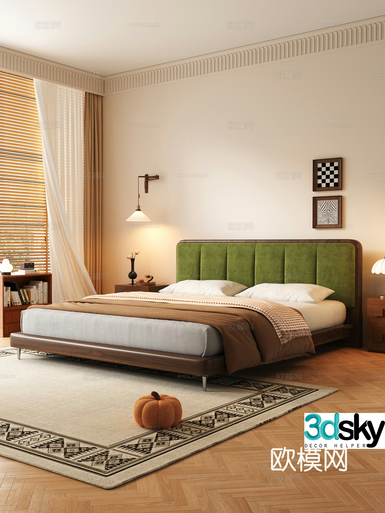 Middle style bedroom double bed 3d model