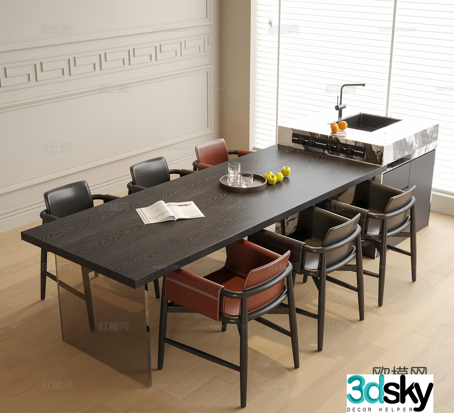 Modern island dining table and chair dining chair 3d model