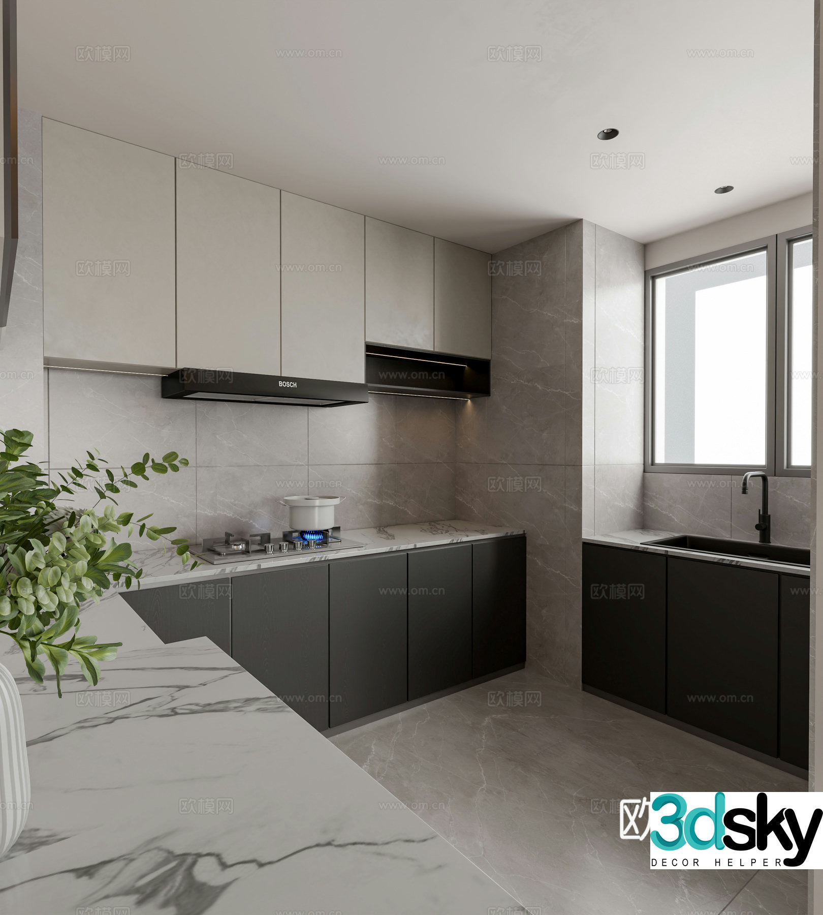 Modern open kitchen dining room 3d model