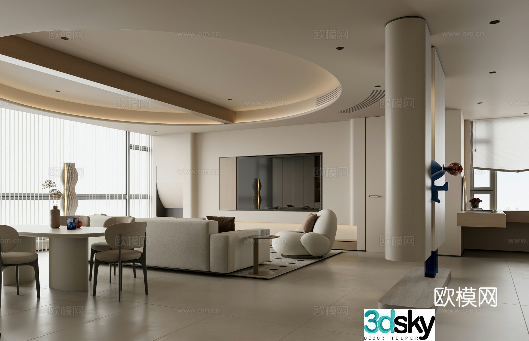 Modern Creamy Living Room 3D Model