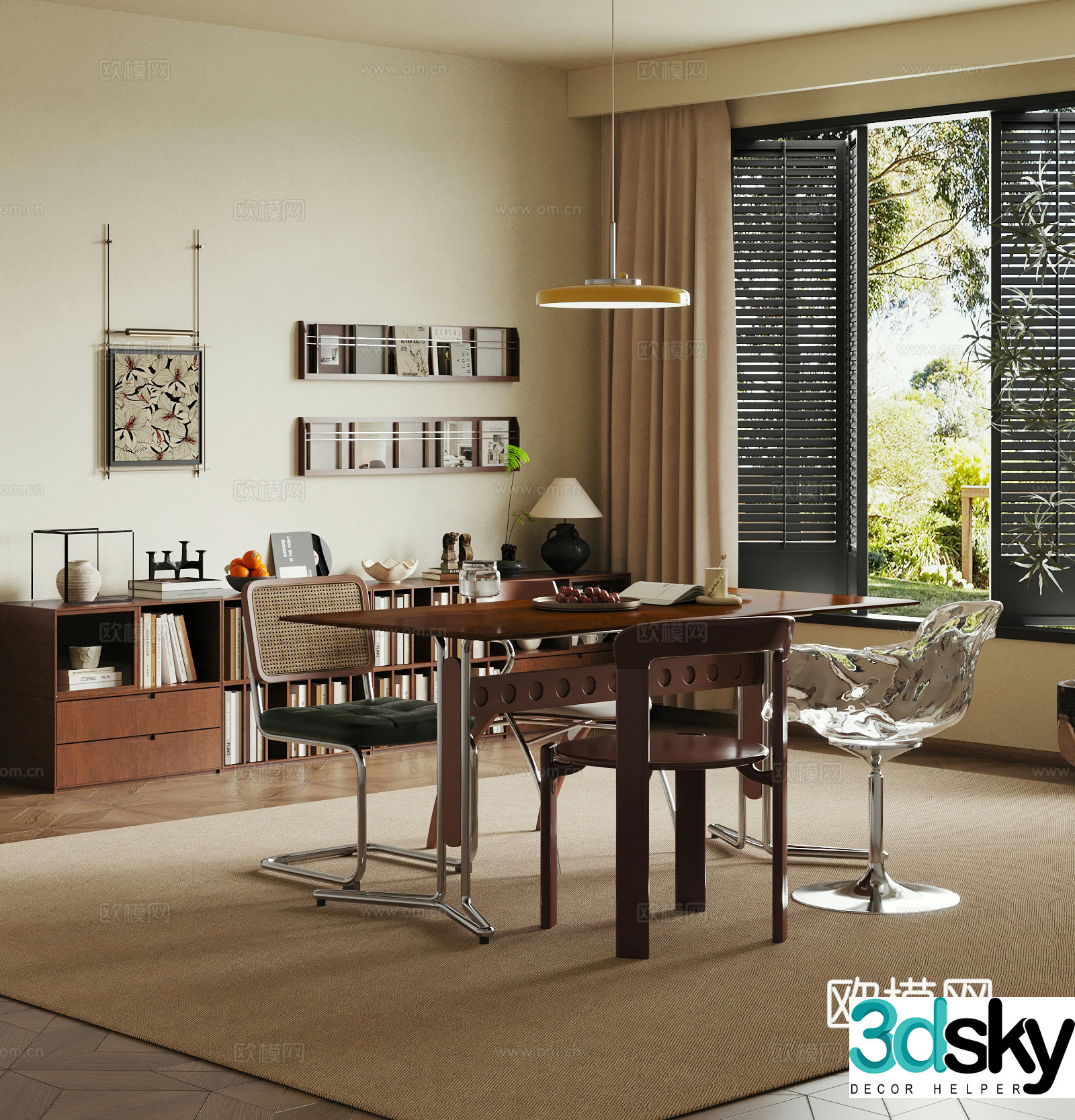 Middle style restaurant dining table and chairs sideboard 3D model