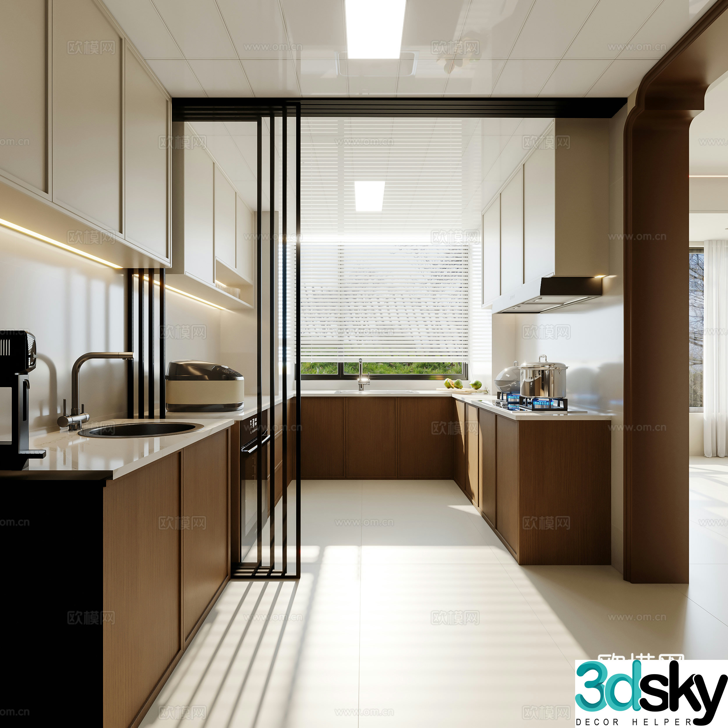 New Chinese style kitchen cabinet stove refrigerator 3d model