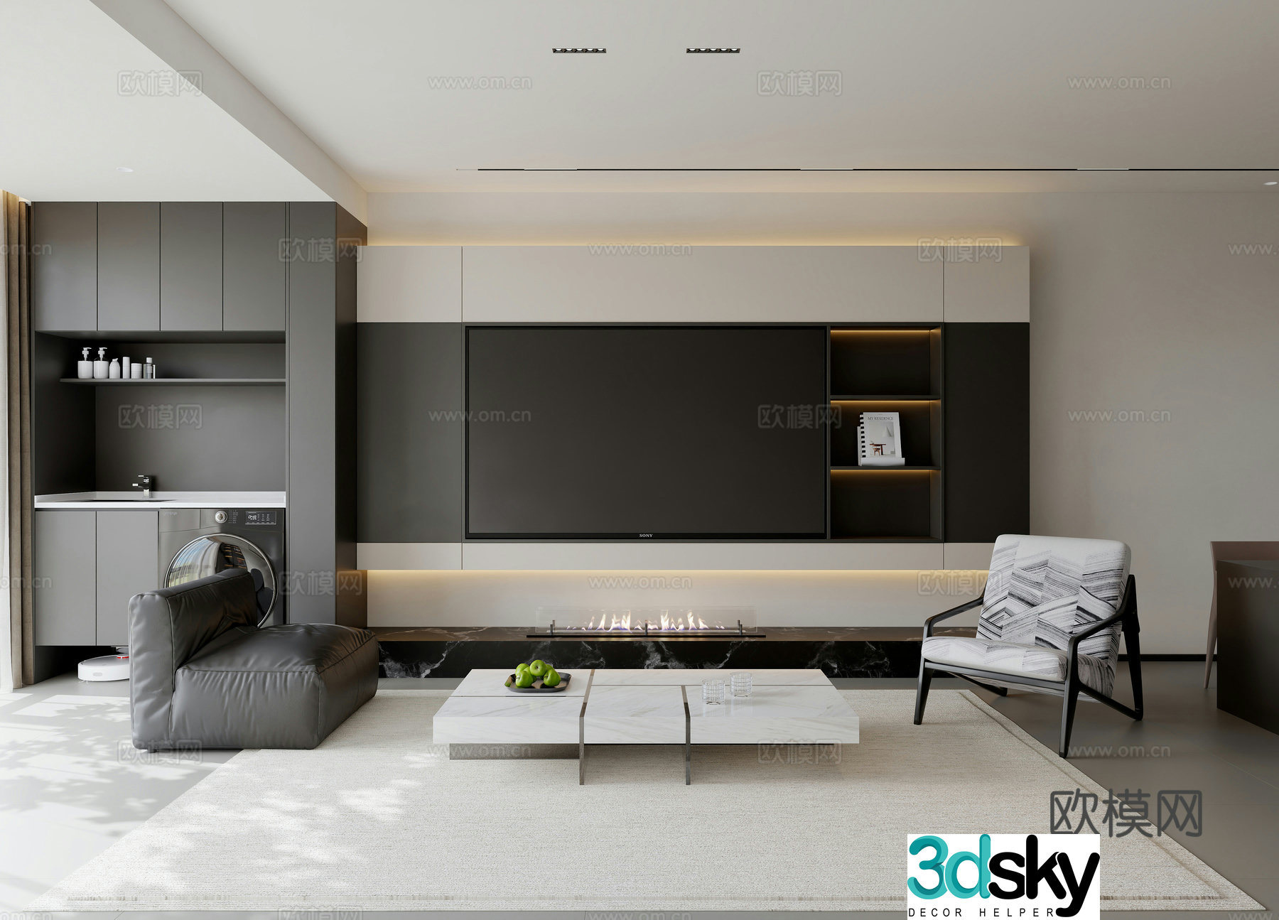 Modern living room Italian living room TV background wall premium gray leisure chair simple living room 3d model