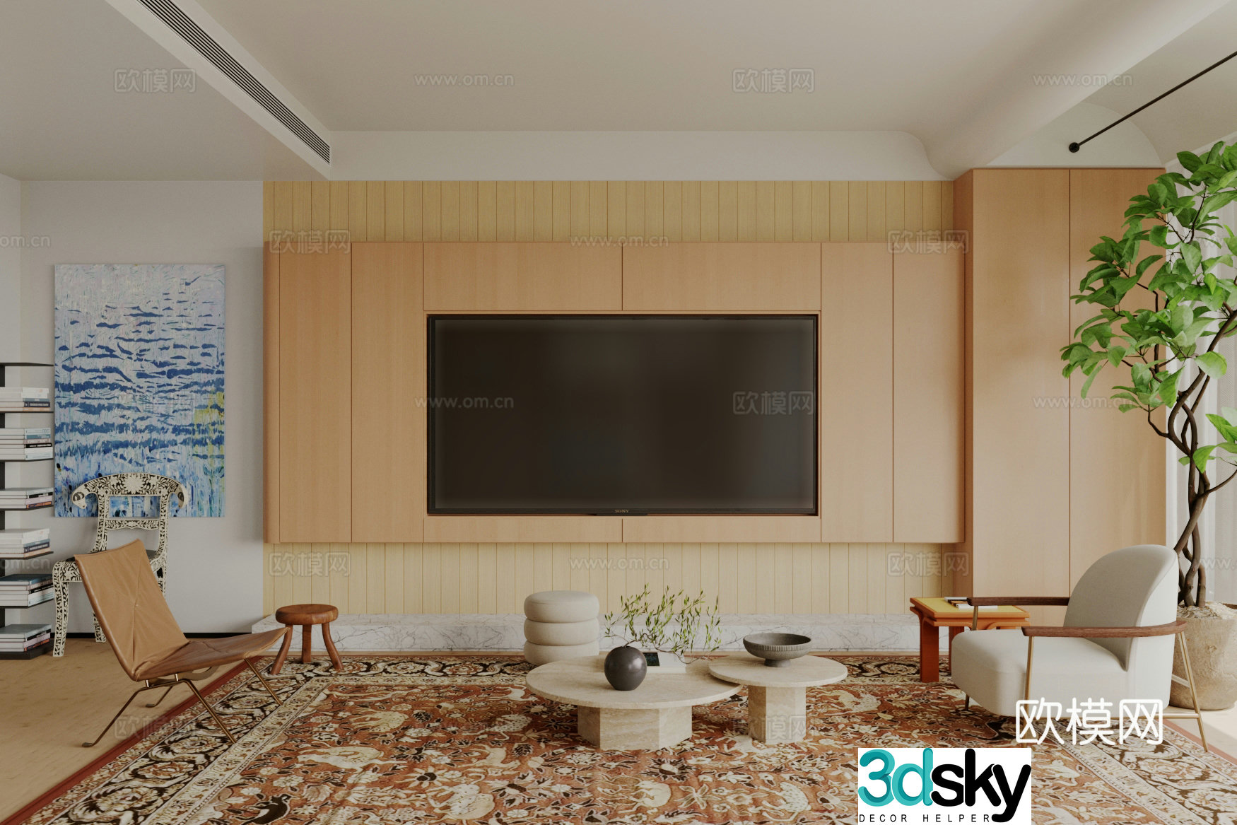 Modern log home living room Log style TV background wall TV background wall medieval style living room 3d model