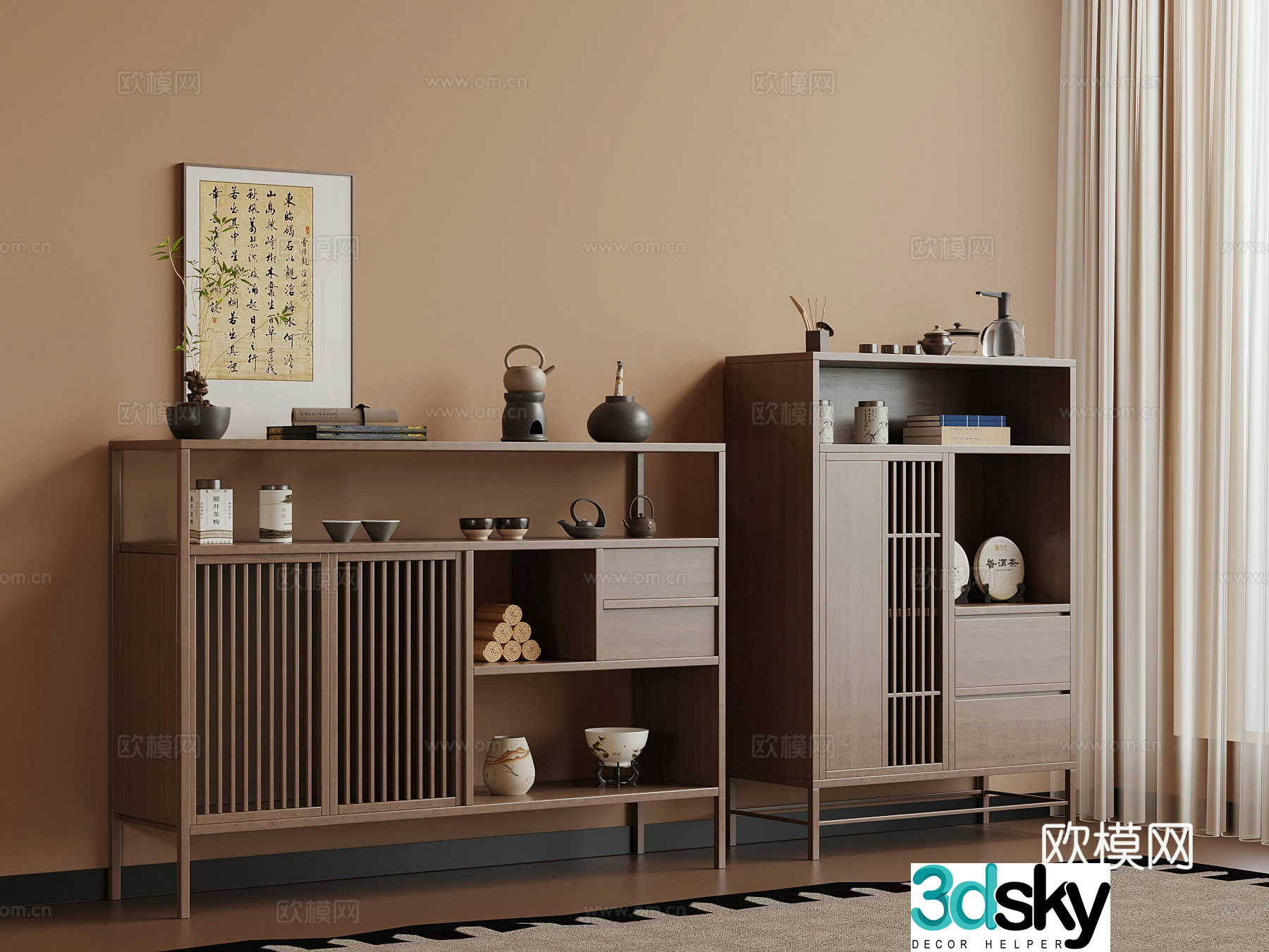 New Chinese style tea cabinet tea cabinet tea set teapot 3d model