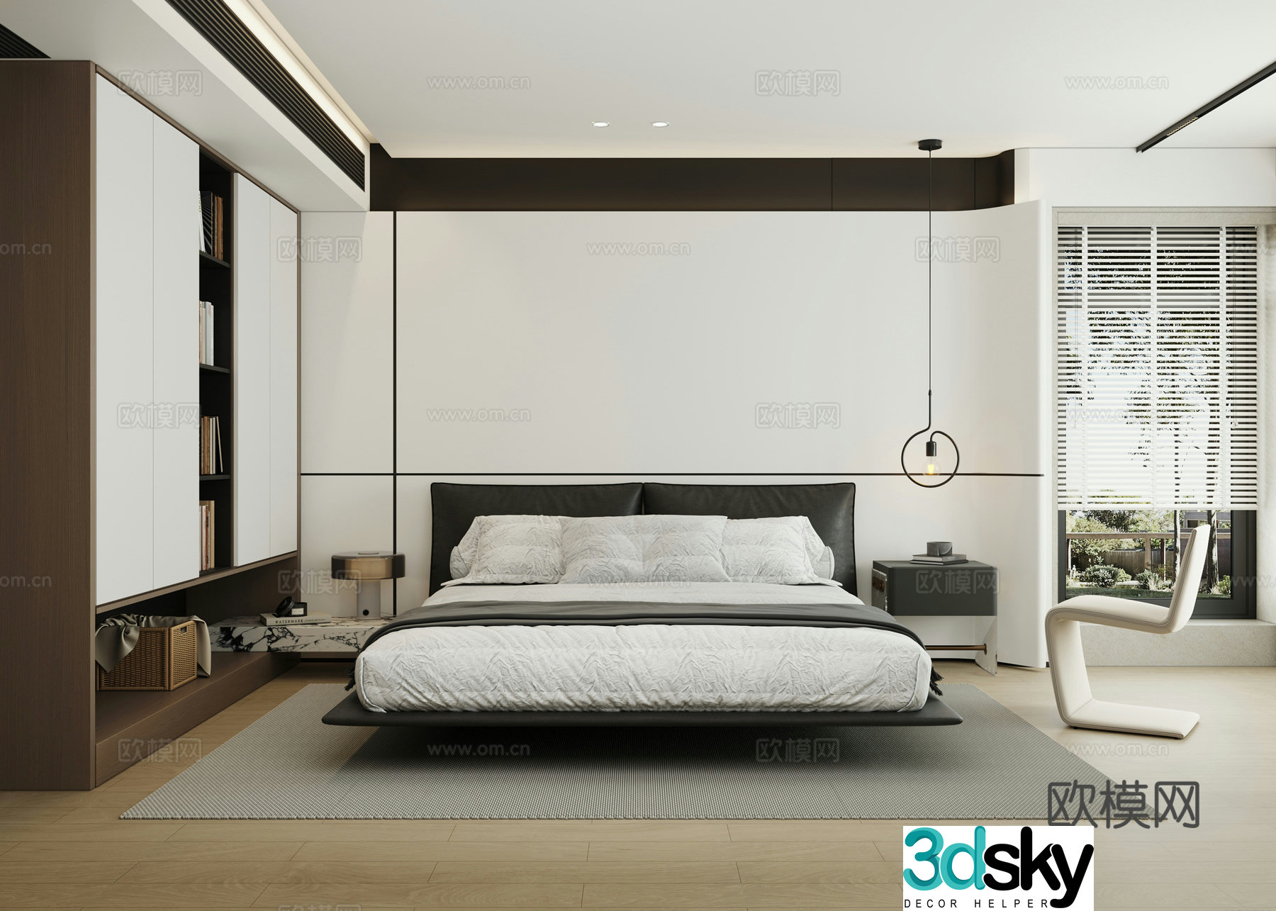 Modern black and white minimalist bedroom bay window bedroom master bedroom 3d model