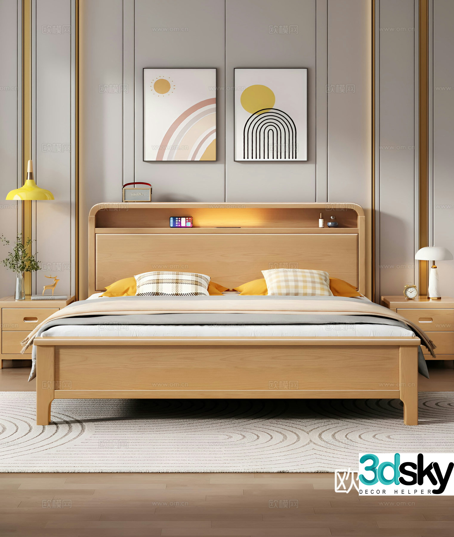 Simple Nordic home bedroom beech bed solid wood bed double bed log bed 3d model
