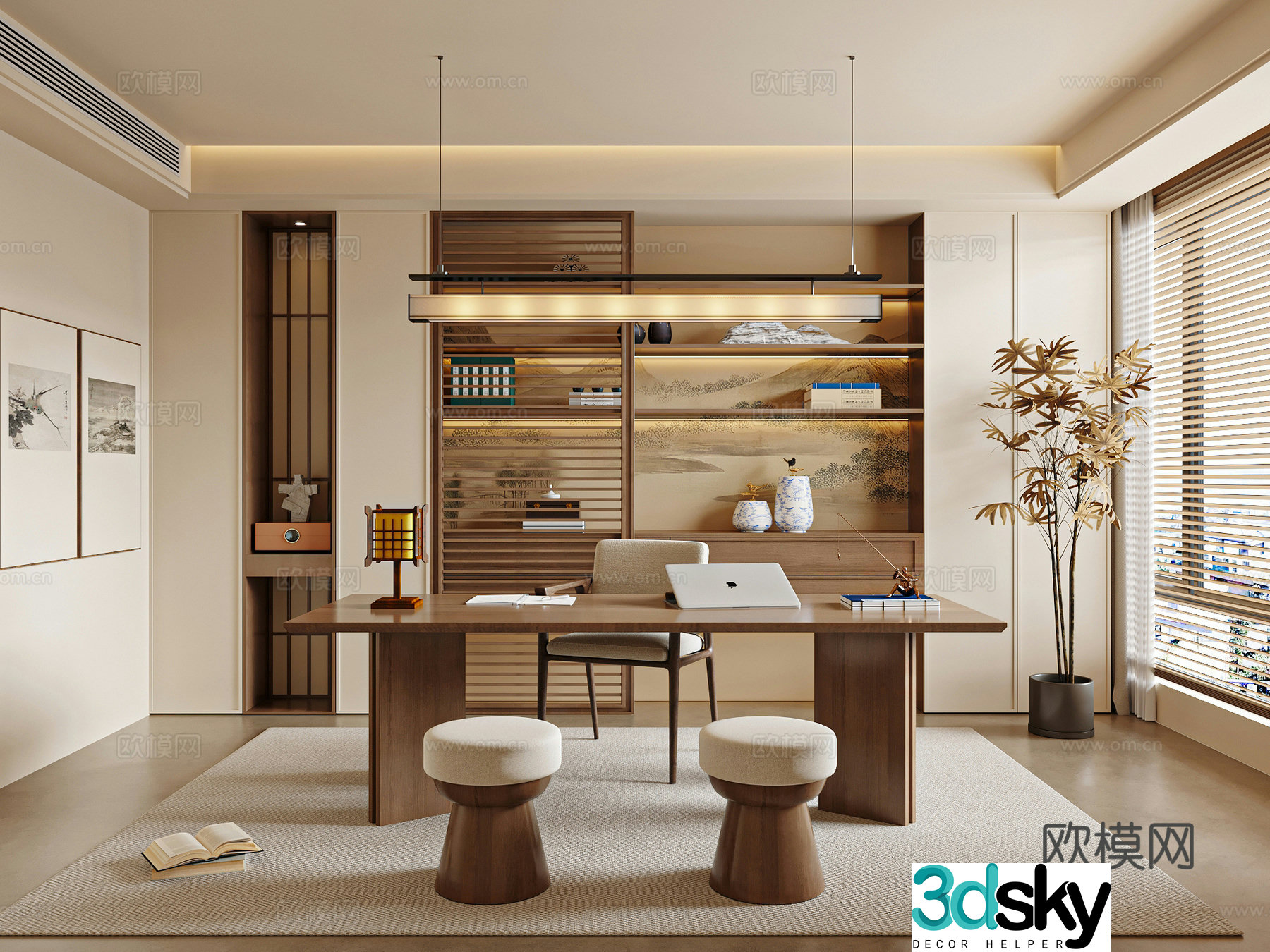 New Chinese style study Song’s study desk and chair bookcase 3D model
