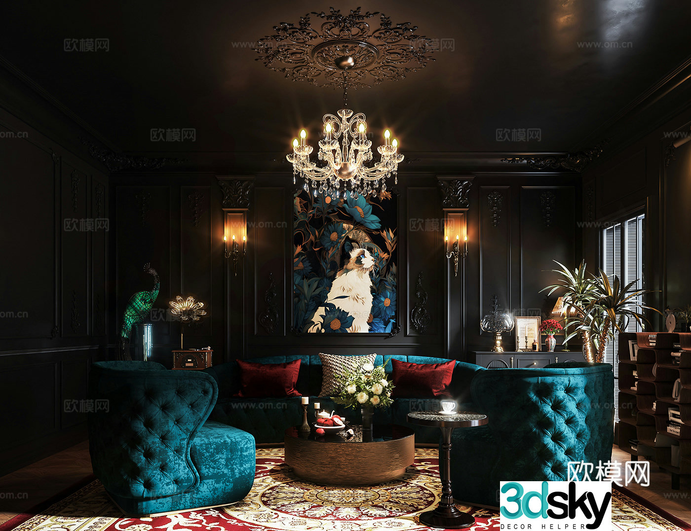 French dark style living room 3d model