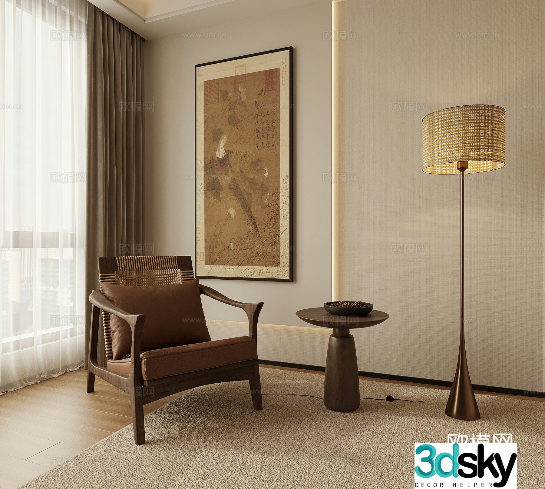 Middle-aged floor lamp leisure chair decorative painting side 3D model