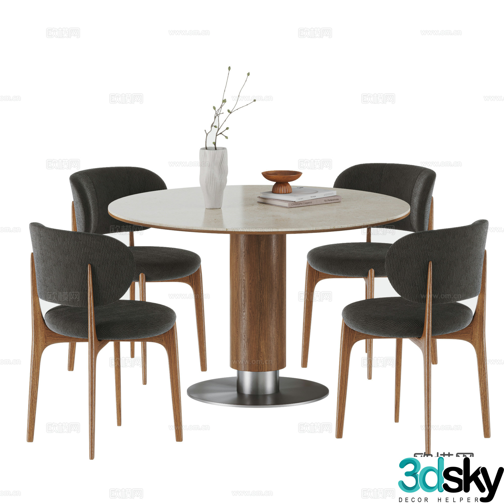 Medium style dining table and chair combination Round dining table Rock slab dining table Medium style dining chair 3D model