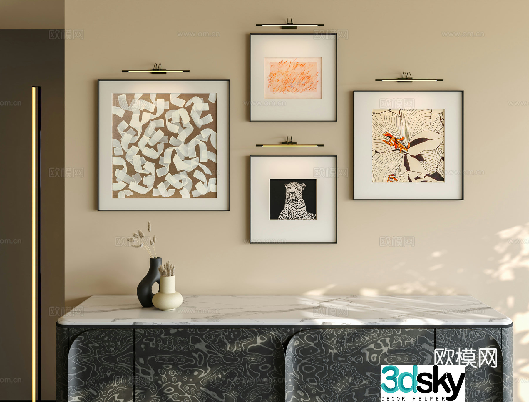 Italian abstract end view cabinet hanging painting combination modern black and white gray hanging painting combination texture wall lamp painting 3D model