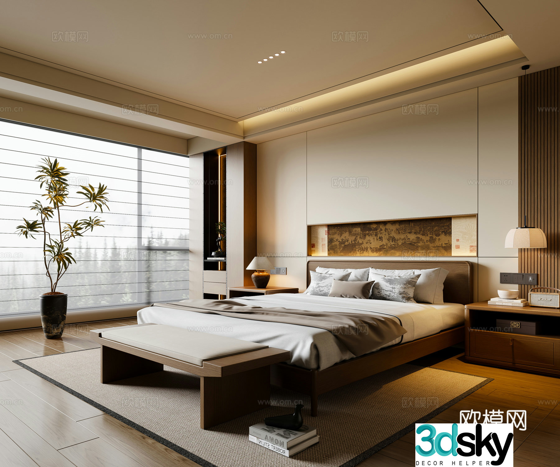 New Chinese style Song style bedroom solid wood double bed bed nightstand chandeliers carpet 3d model