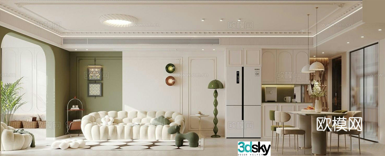 French Cream Living and Restaurant_French Cream Sofa Coffee Table Combination 3D Model